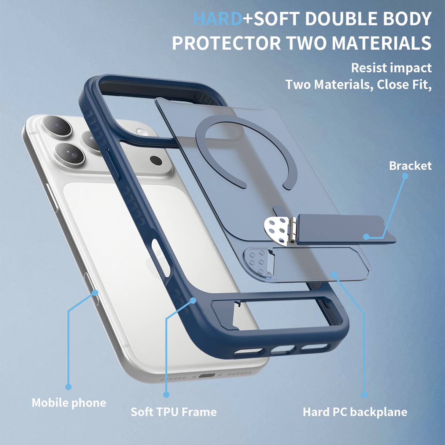 HARD+SOFT DOUBLE BODY PROTECTOR TWO MATERIALS  
Resist impact  
Two Materials, Close Fit,  
Bracket  
Mobile phone  
Soft TPU Frame  
Hard PC backplane