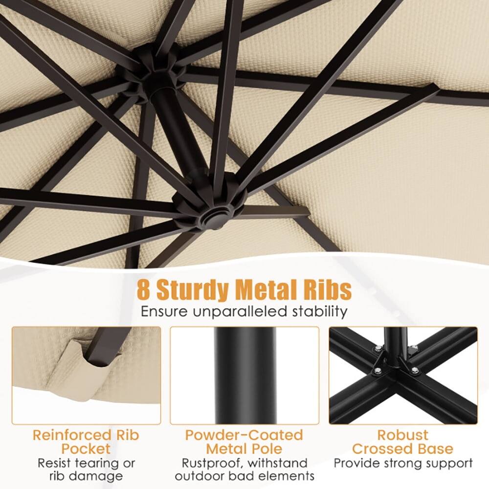 8 Sturdy Metal Ribs Ensure unparalleled stability

- Reinforced Rib Pocket: Resist tearing or rib damage
- Powder-Coated Robust Metal Pole: Rustproof, withstand outdoor bad elements
- Crossed Base: Provide strong support
