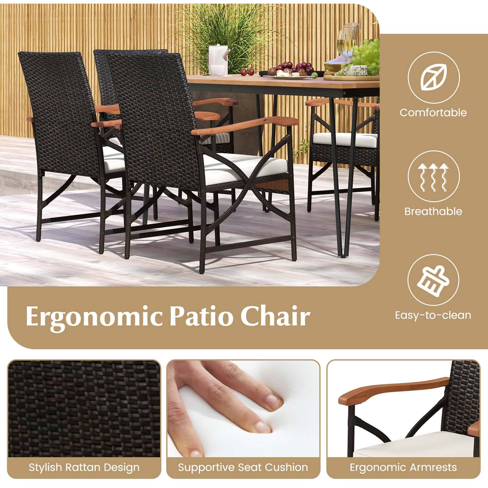 The text on the image is grouped and corrected as follows:

Comfortable Breathable Ergonomic Patio Chair Easy-to-clean Stylish Rattan Design Supportive Seat Cushion Ergonomic Armrests