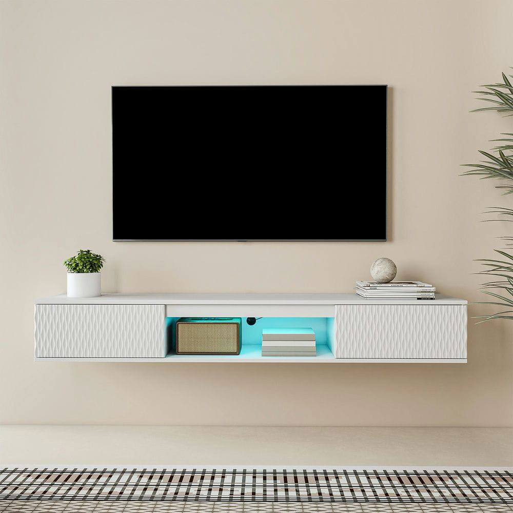 Alt View 6. Kadyn - Wall-Mounted Floating TV Stand with LED Lighting and Textured Wave  Design - White - White.