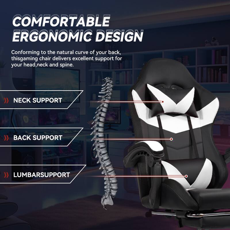 **COMFORTABLE ERGONOMIC DESIGN**

Conforming to the natural curve of your back, this gaming chair delivers excellent support for your head, neck, and spine.

- **NECK SUPPORT**
- **BACK SUPPORT**
- **LUMBAR SUPPORT**