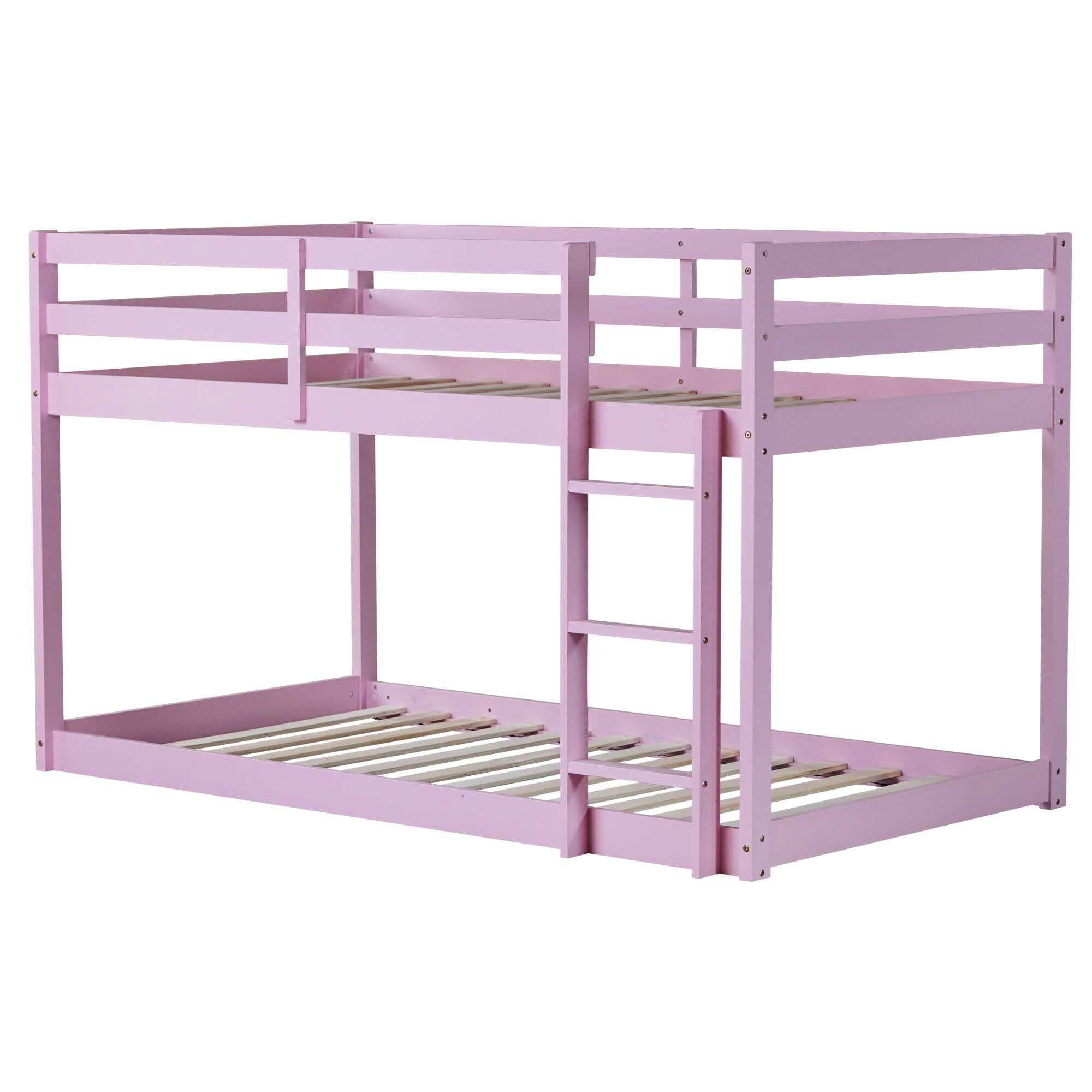 Angle. GOODSILO - Solid Wood Twin Over Twin Floor Bunk Bed with Ladder and Strengthened Slats for Enhanced Stability - Pink.