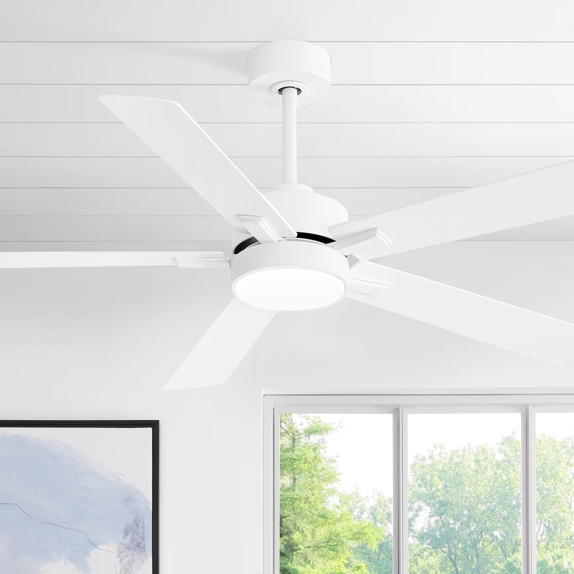 Alt View 1. Breezary - 52" Modern Indoor Ceiling Fan with LED Light, 5 Reversible Plywood Blades, 6-Speed DC Motor, Remote, Timer, 5" Downrod - White.