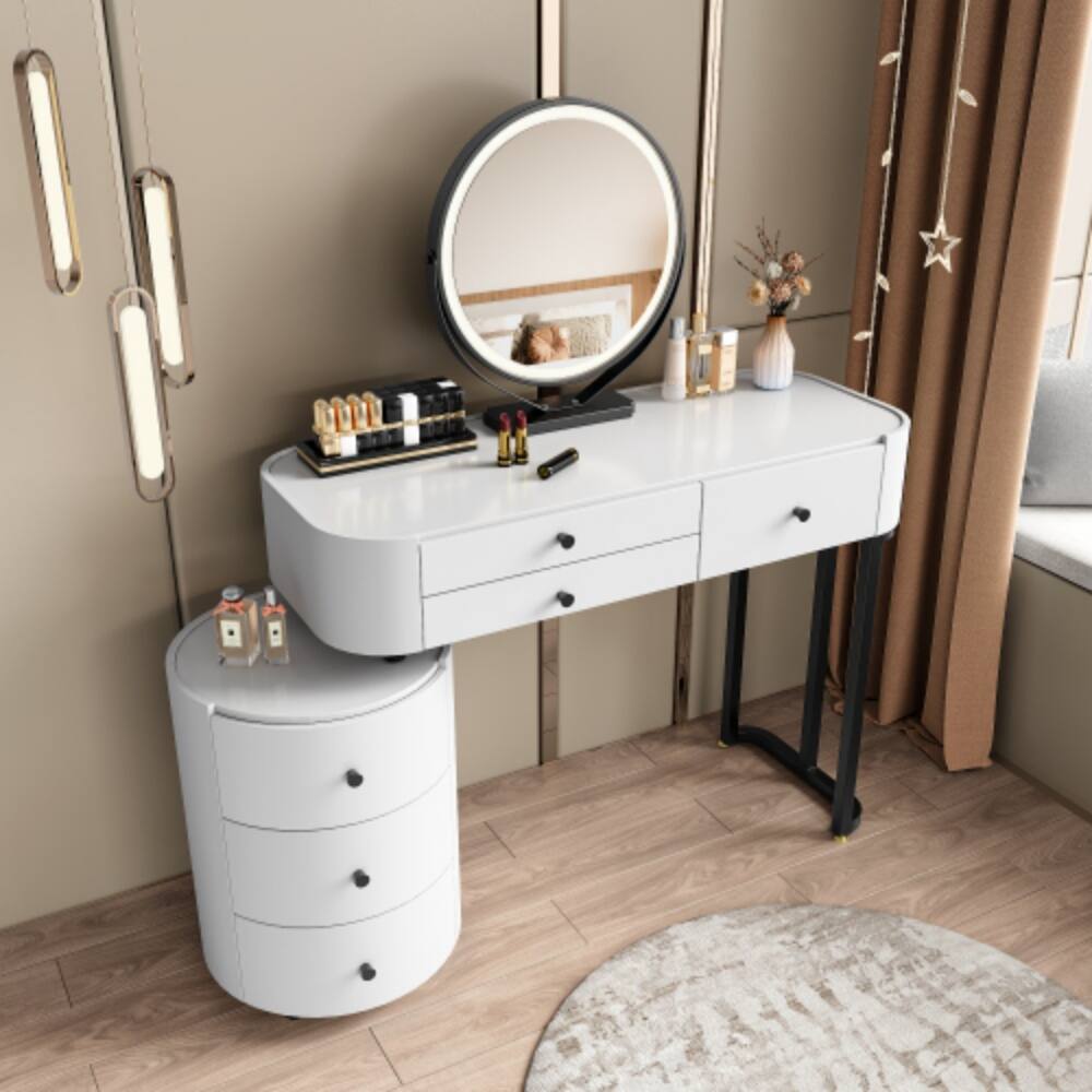 Alt View 3. LUCKY ONE - Adjustable Vanity with Detachable LED Mirror and Rotatable Side Cabinet for Bedroom - White.