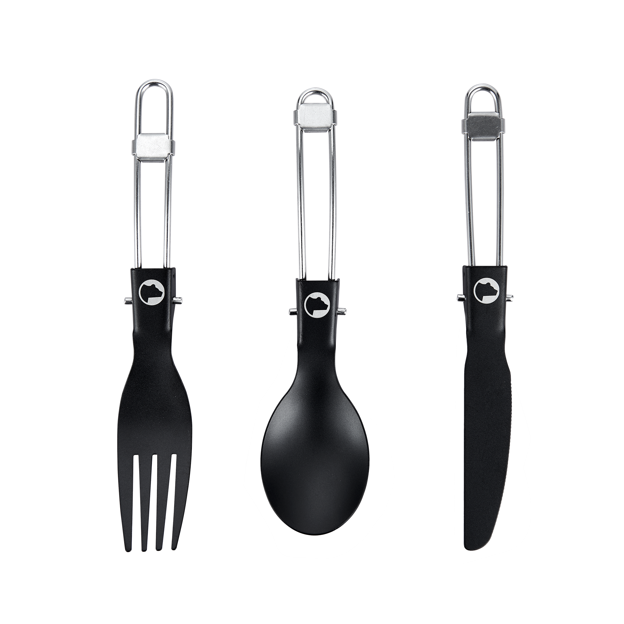 Angle. Explorer Bear - Explorer Bear Black Titanium Folding Utensil Set - Lightweight Camping Cutlery with Spoon, Fork & Knife - Black.