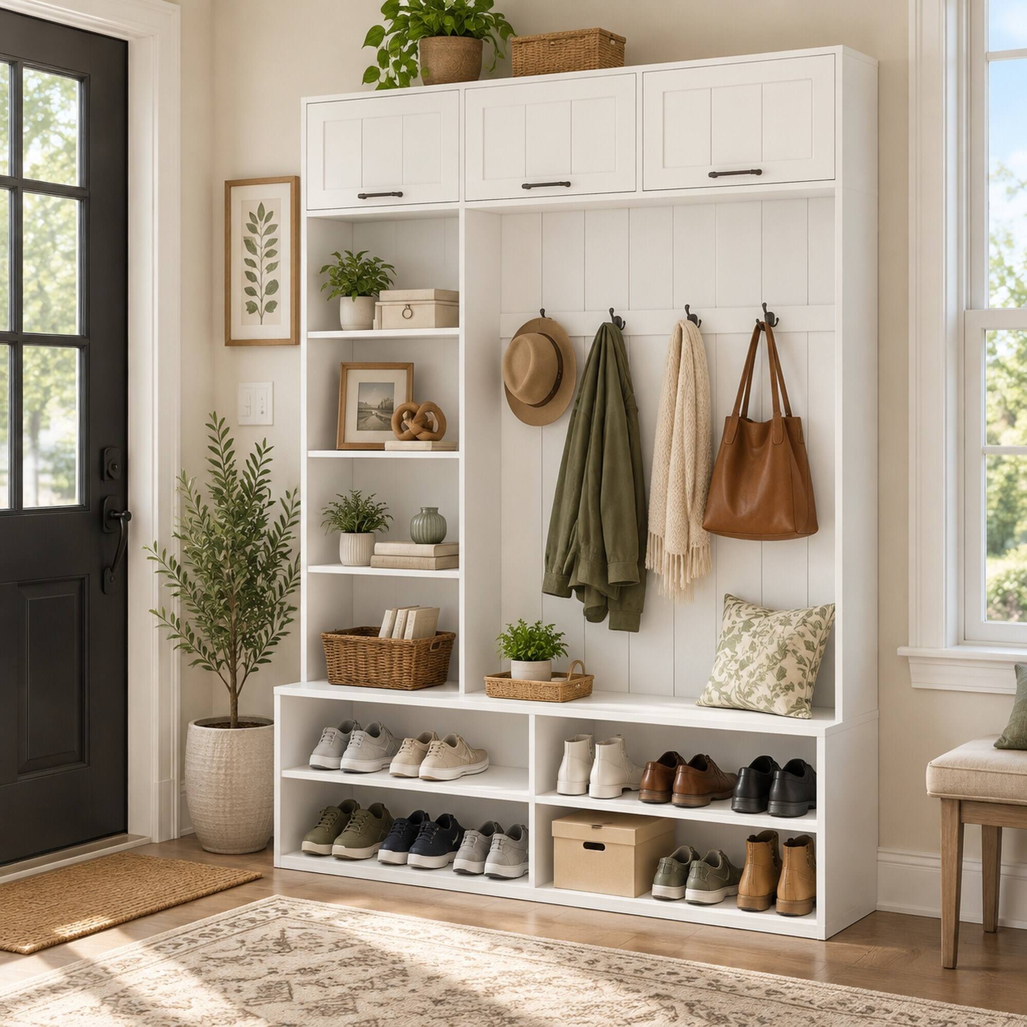 Angle. RYHNUYNE - VIBE HAUS 76.9 in Farmhouse Hall Tree, Entryway Bench with Coat Rack, 4 Hooks, 3 Enclosed Compartments, White - White.