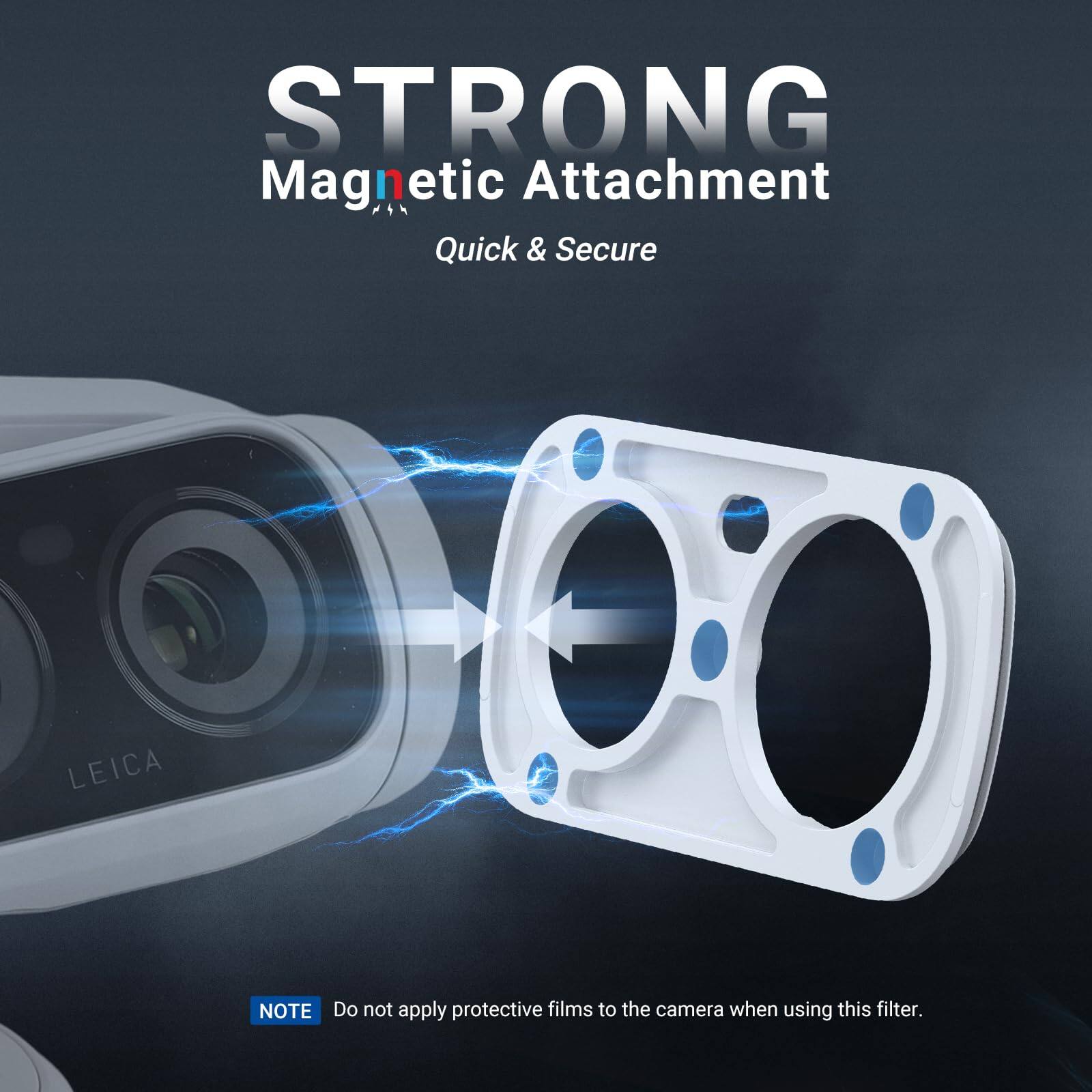 STRONG Magnetic Attachment Quick & Secure

LEICA

NOTE: Do not apply protective films to the camera when using this filter.