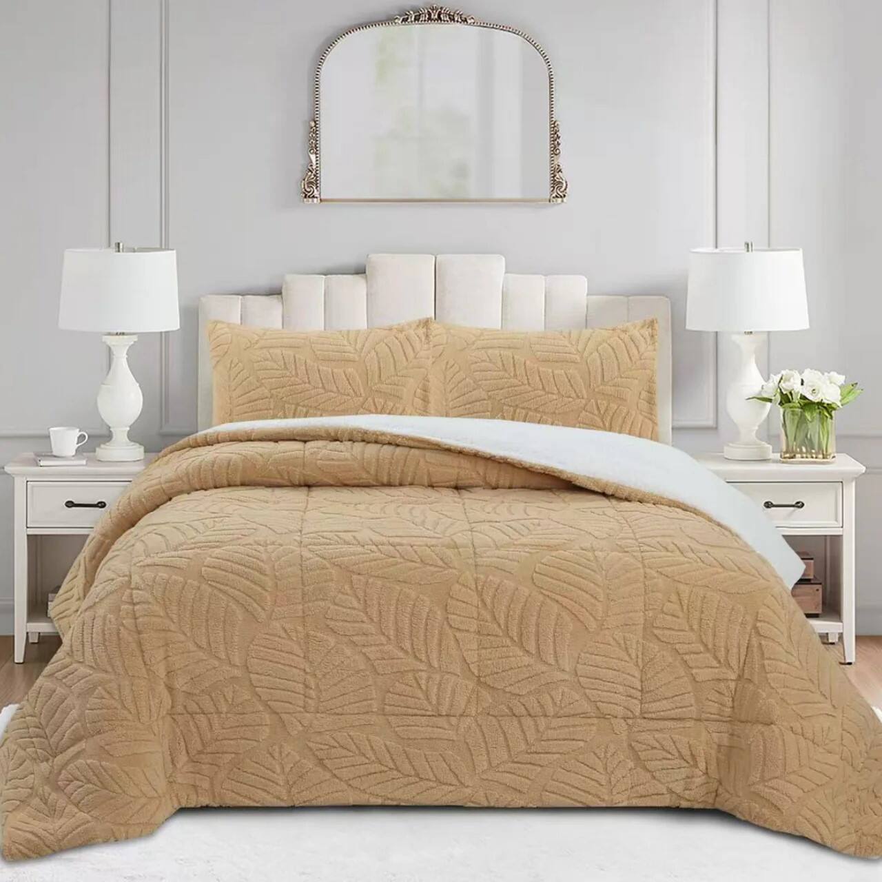 Front. MarCielo - Marcielo 3 PCS Leaf Pattern Jacquard Soft Plush Comforter Set - Beige.