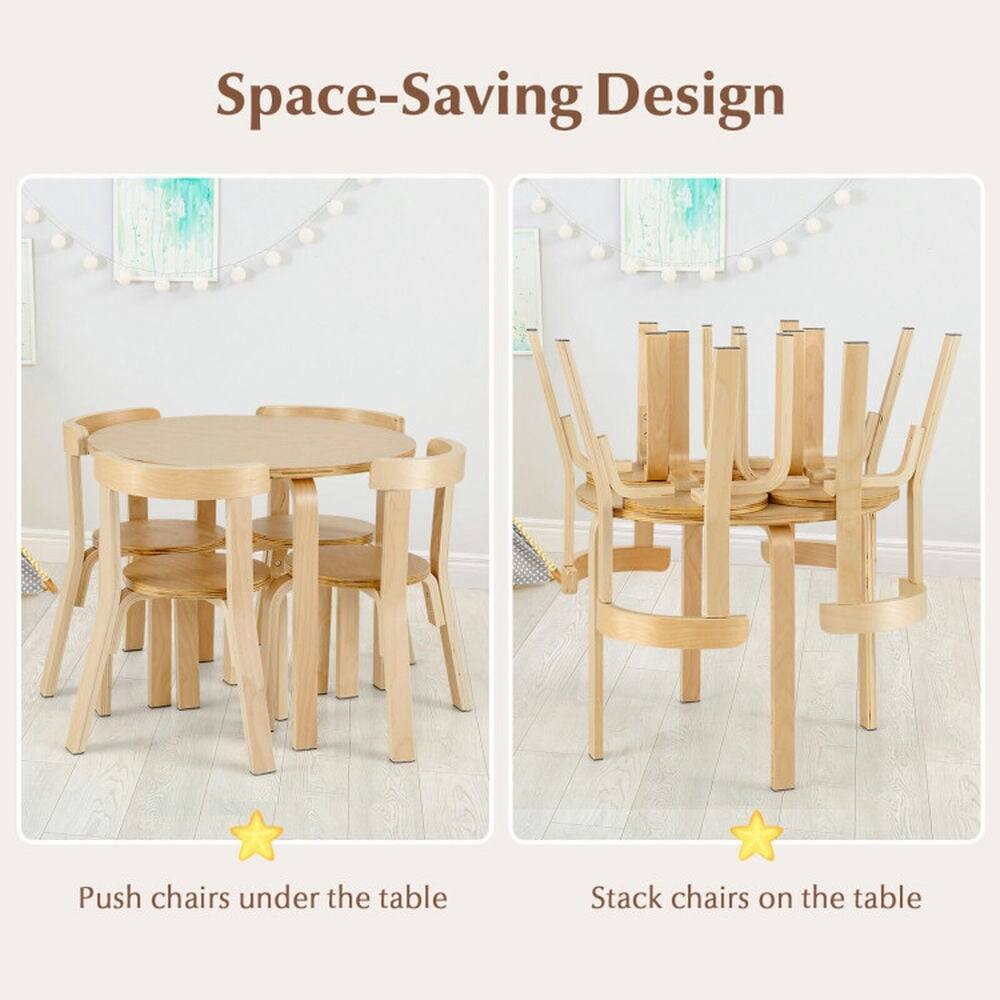 Space-Saving Design

Push chairs under the table

Stack chairs on the table