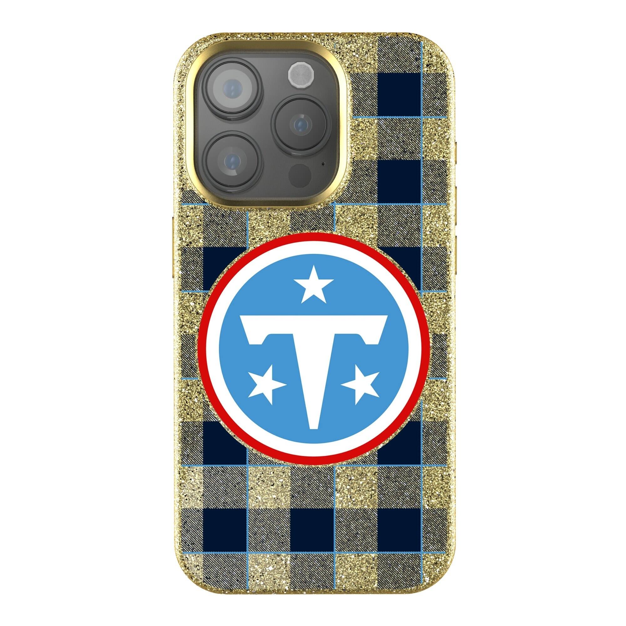 Front. Keyscaper - Tennessee Titans Plaid Bling iPhone Case - 14 Plus - Gold.