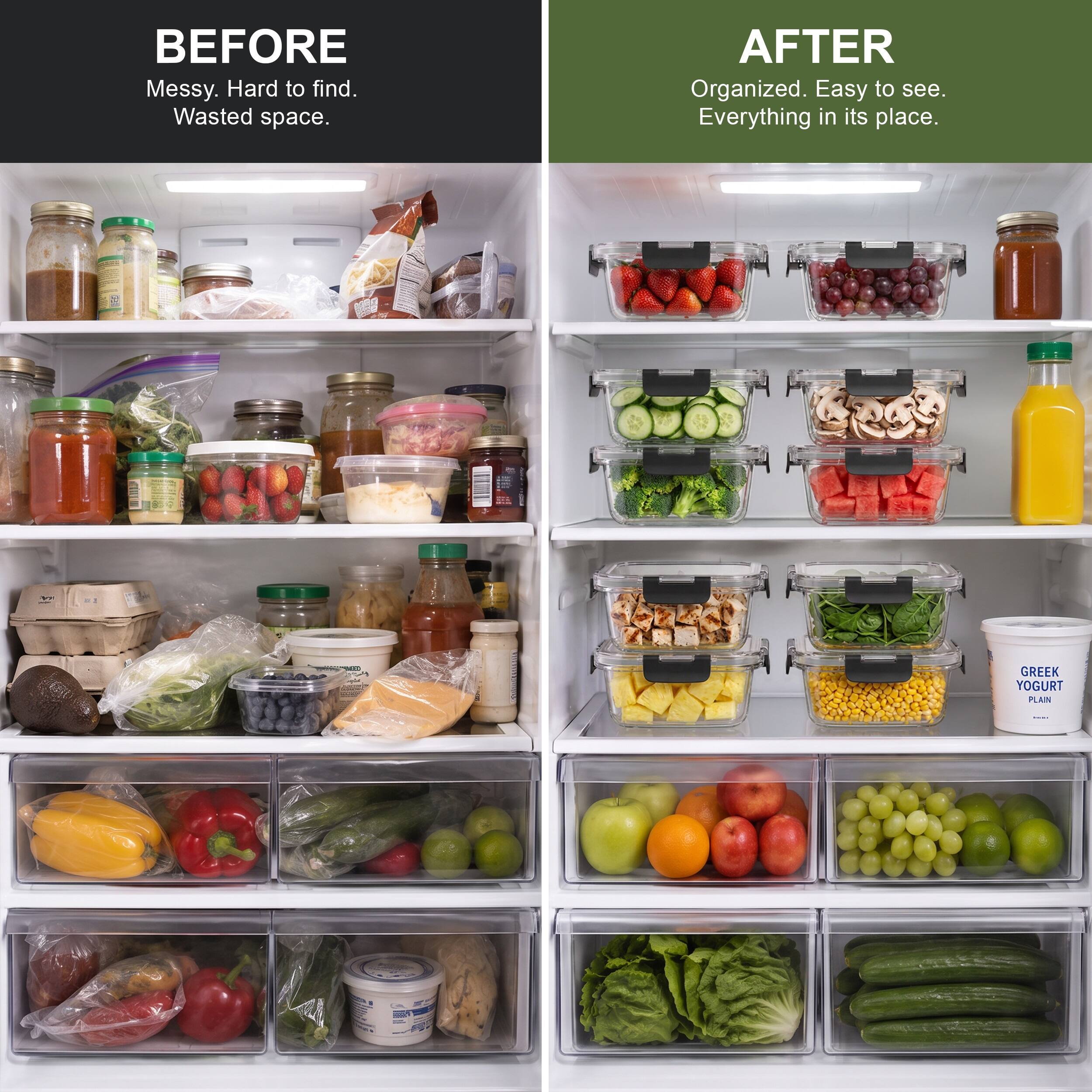 BEFORE
Messy. Hard to find. Wasted space.

AFTER
Organized. Easy to see. Everything in its place.

GREEK YOGURT PLAIN