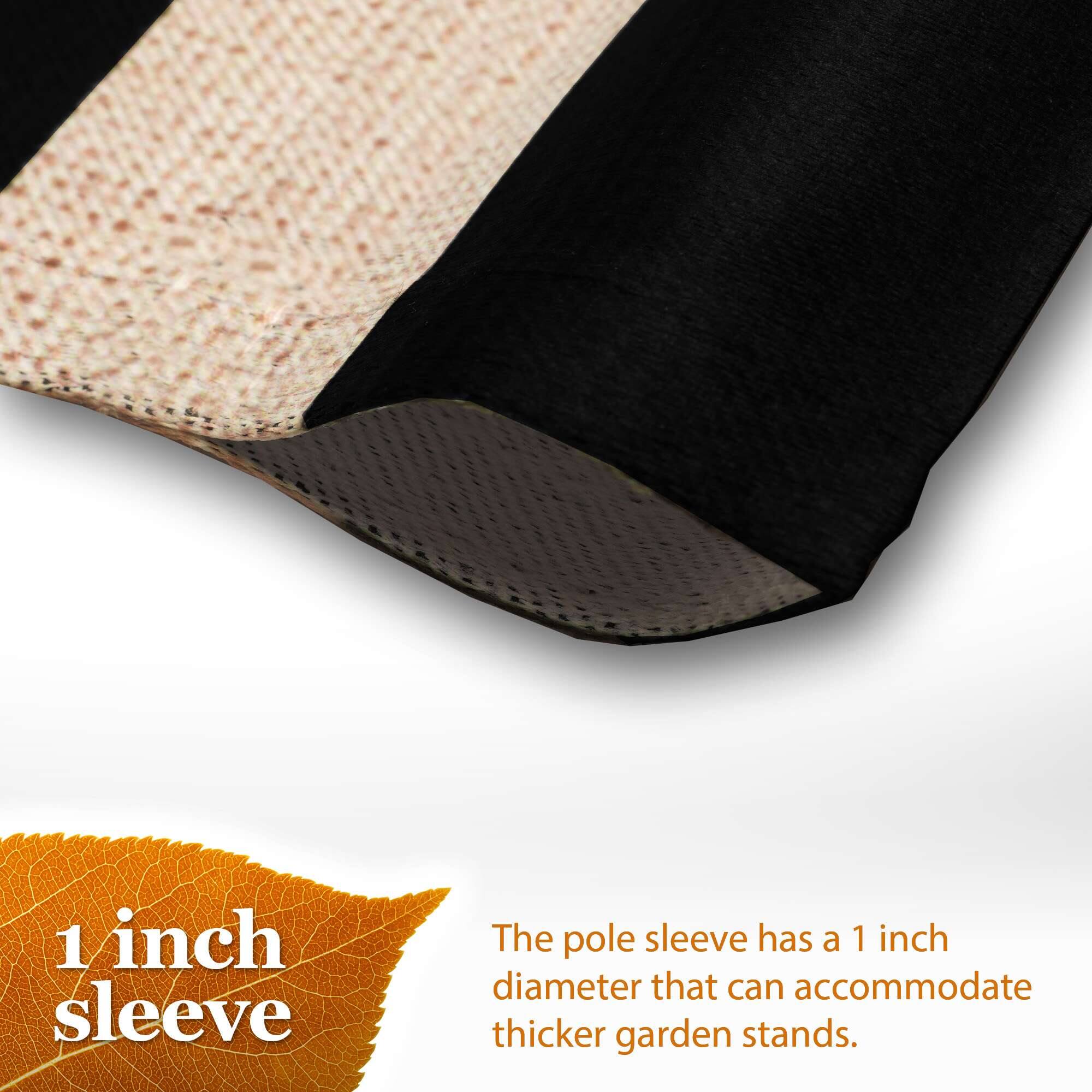 1 inch sleeve

The pole sleeve has a 1 inch diameter that can accommodate thicker garden stands.