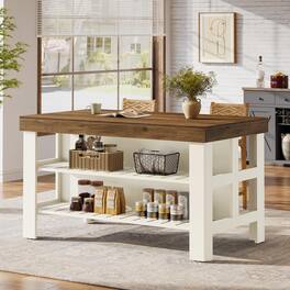Tribesigns - 55.1-Inch Kitchen Island with Seating Space and Storage for Kitchen or Dining Room - Walnut Brown and White