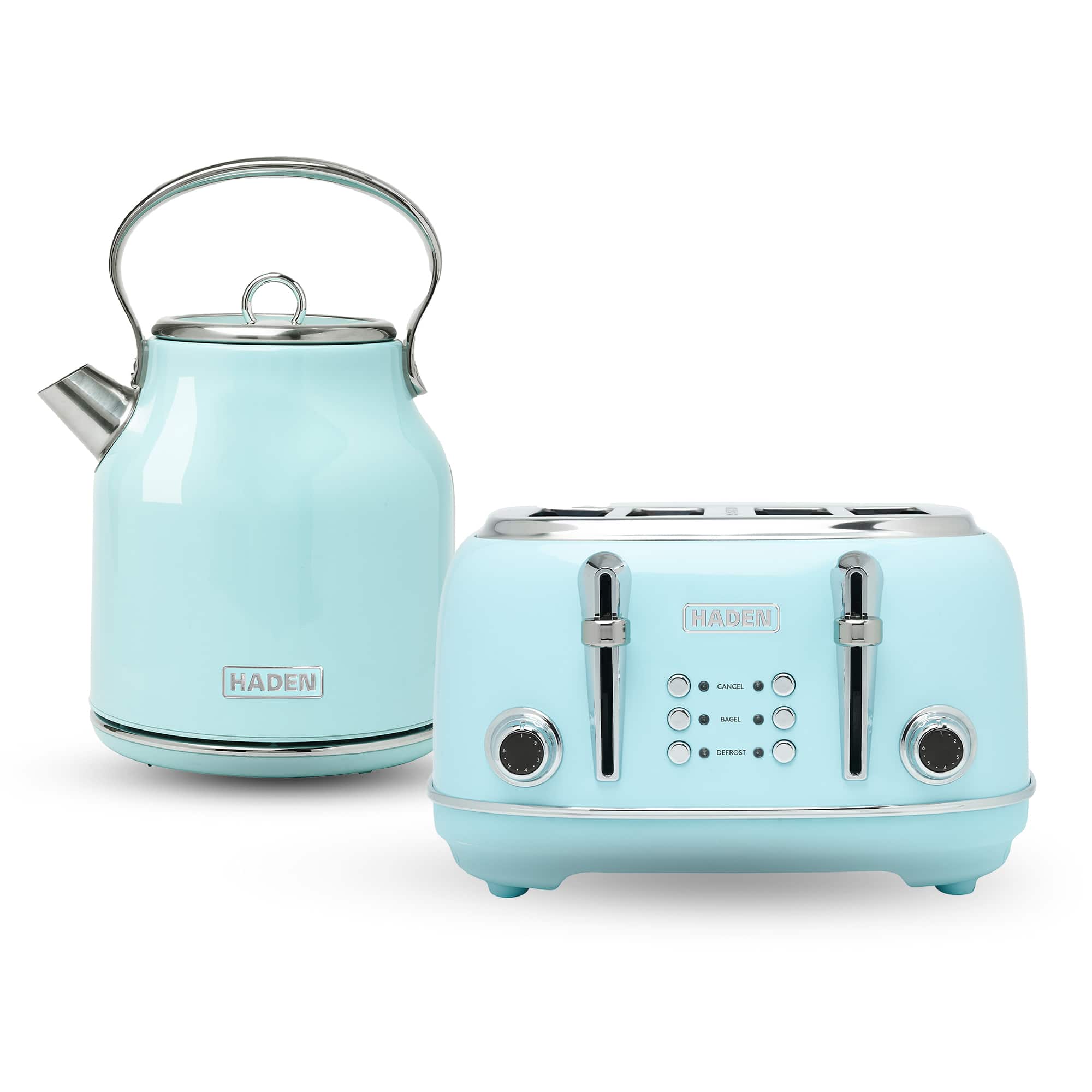 Haden - Heritage 4 Slice Wide Slot Toaster & Electric Kettle - Turquoise & Chrome