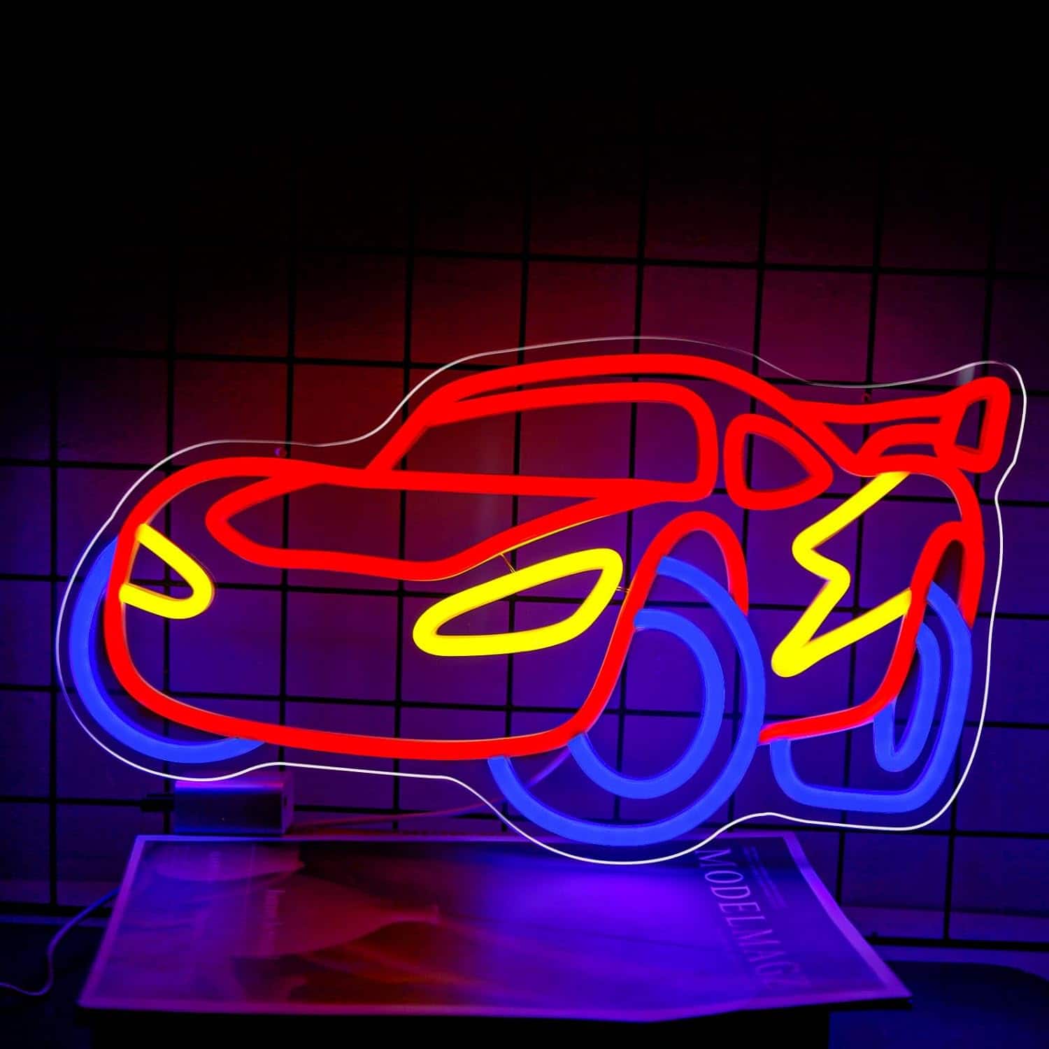 Auledio - Car Neon Sign for Wall Decor Led Dimmable Racing Car Neon Lights Up Signs Sports Car Sign for Garage,Playroom Decoration - Red ,Blue, Yellow
