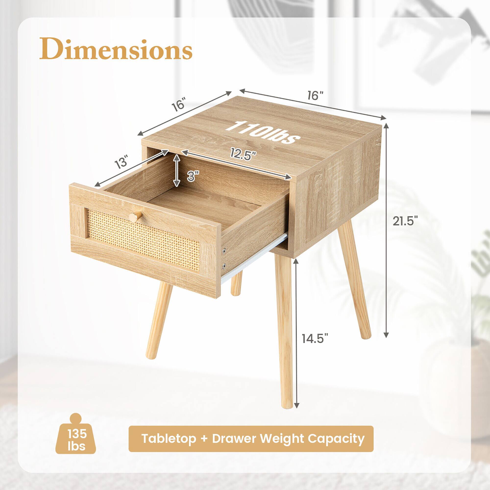 Dimensions: 16" x 16" x 12.5" (tabletop), 21.5" x 14.5" (overall height), 3" (drawer height). Tabletop + Drawer Weight Capacity: 135 lbs.