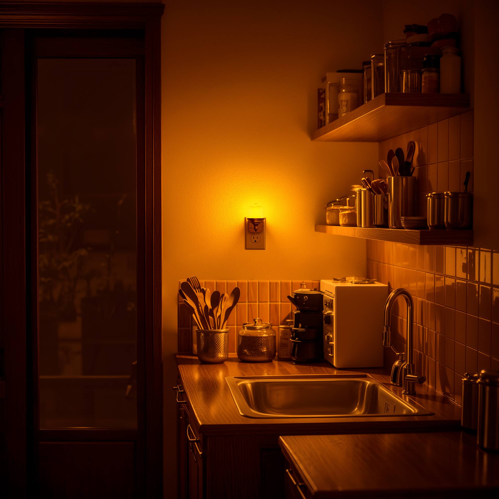 Alt View 2. Jandcase - JANDCASE 2-Pack 1W  Plug-in Night Light, Amber Glow, Candle Design with Wood Grain Finish,  0-100%, Dusk-to-Dawn Sensor - Brwon and White.
