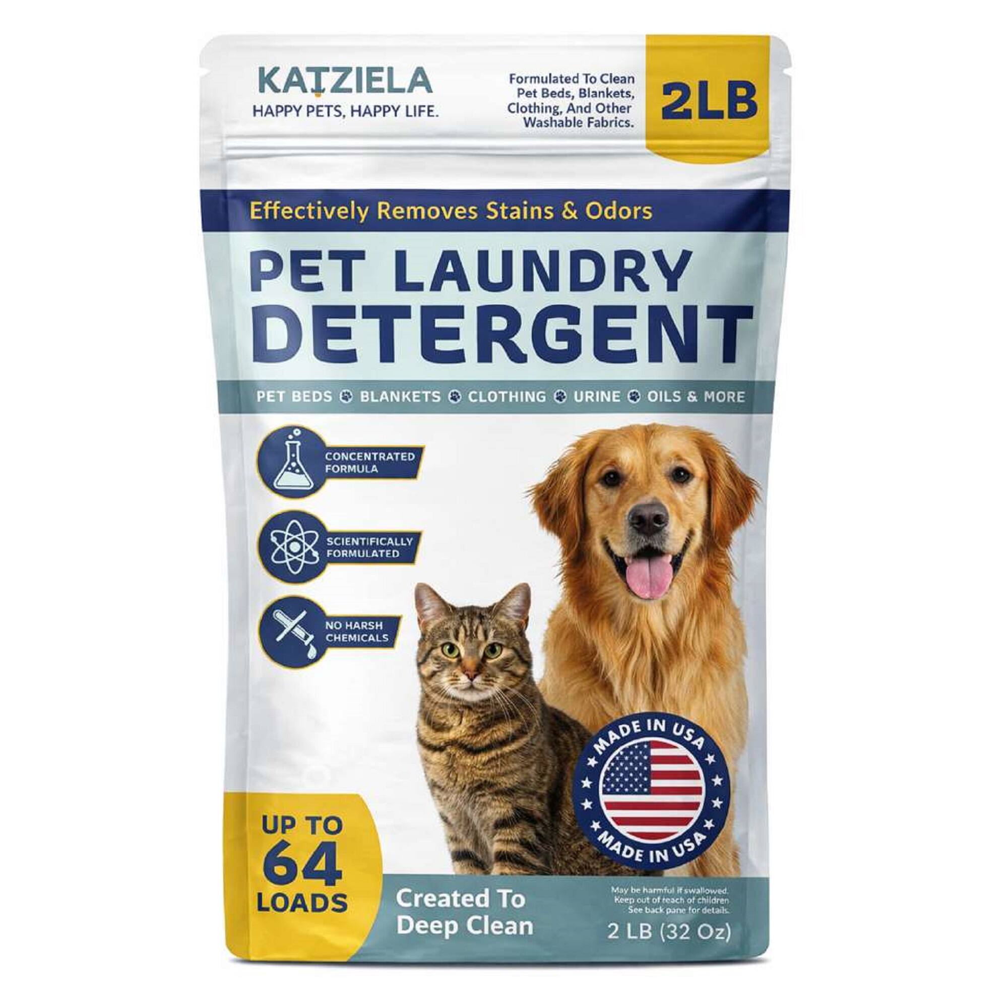 KATZIELA HAPPY PETS, HAPPY LIFE. Formulated To Clean Pet Beds, Blankets, Clothing, And Other Washable Fabrics. Effectively Removes Stains & Odors PET LAUNDRY DETERGENT PET BEDS BLANKETS CLOTHING URINE OILS & MORE CONCENTRATED FORMULA SCIENTIFICALLY FORMULATED NO HARSH CHEMICALS IN MADE USA UP TO 64 LOADS Created To Deep Clean MADE IN USA May be harmful if swallowed. Keep out of reach of children. See back panel for details. 2 LB (32 Oz)