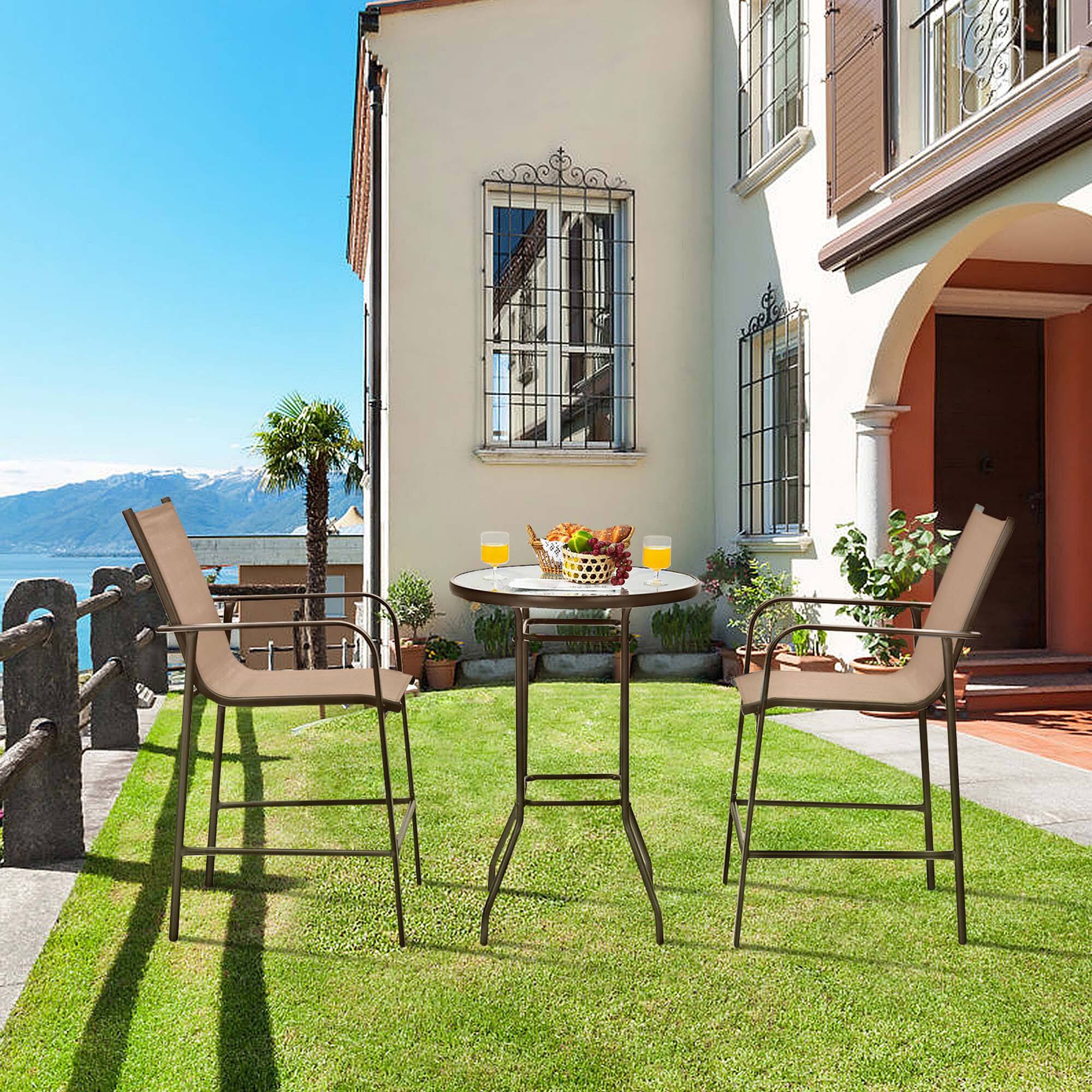Alt View 3. Costway - Costway 3 PCS Outdoor Patio Bar Table Stool Set Height Tempered Glass Top - Brown.