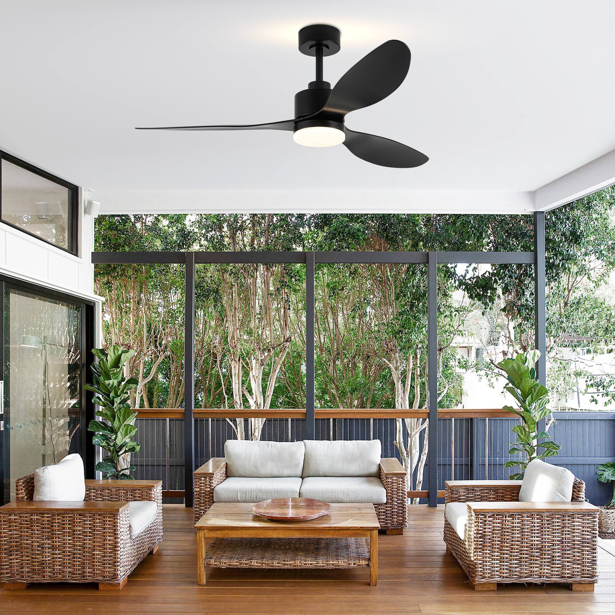 Alt View 2. Breezary - 52" Indoor Ceiling Fan, 3 ABS Blades, 6-Speed DC Motor, Remote Control, Memory/Timer, 3-Color LED Light, 5"/10" Downrods - Matte Black.