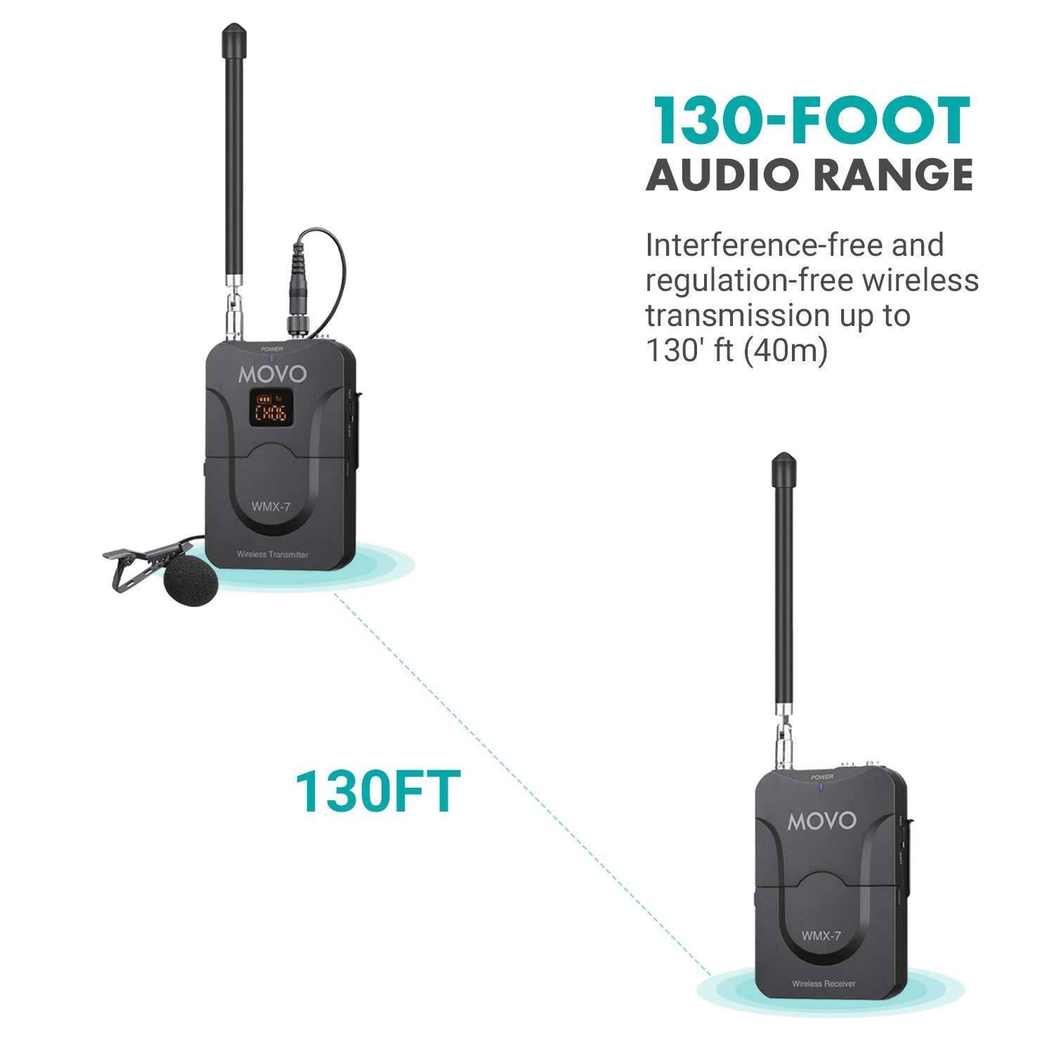 130-FOOT AUDIO RANGE  
Interference-free and regulation-free wireless transmission up to 130' ft (40m)  

MOVO WMX-7 Wireless Transmitter  
MOVO WMX-7 Wireless Receiver  

130FT