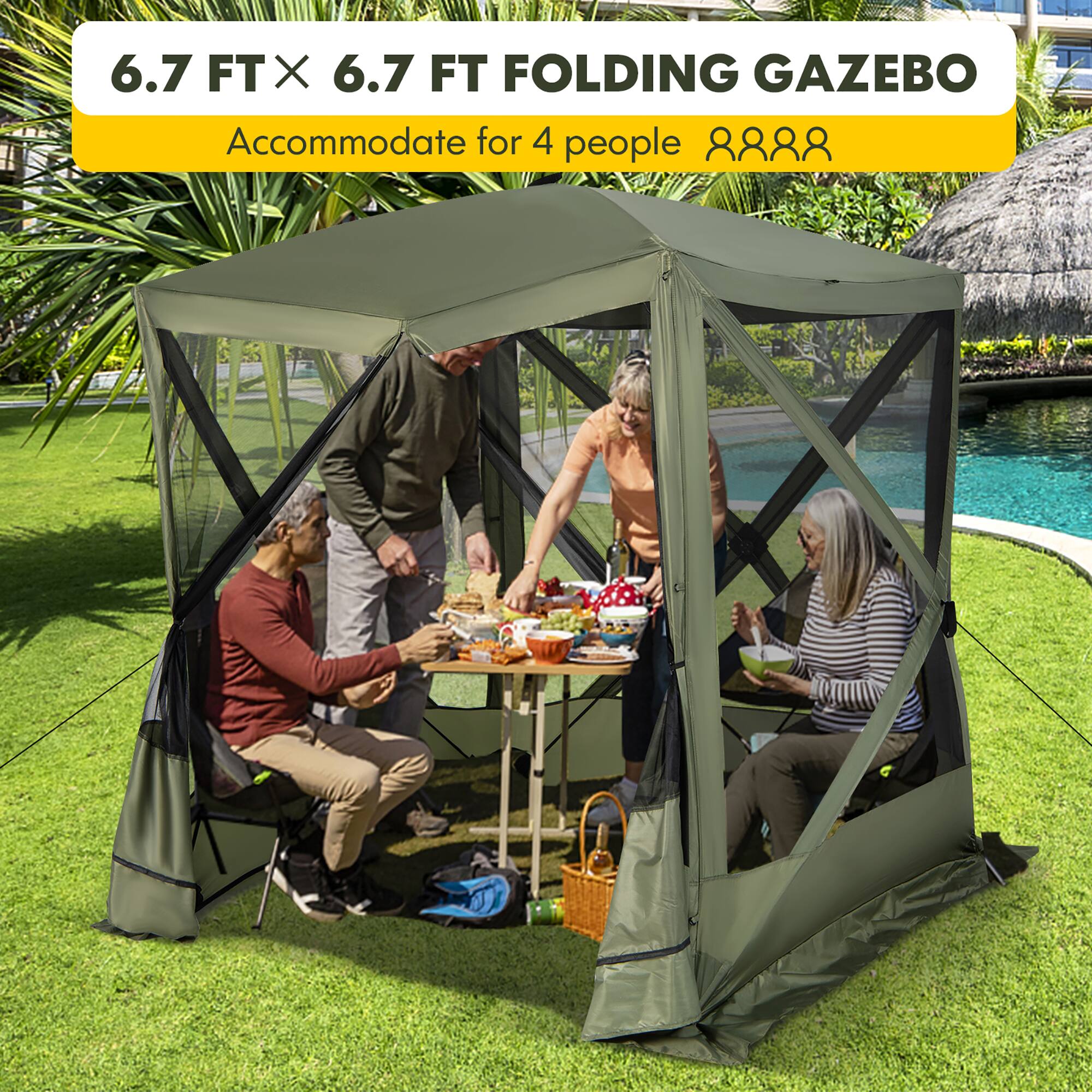 The text on the image reads: "6.7 FTX X 6.7 FT FOLDING GAZEBO Accommodate for 4 people."