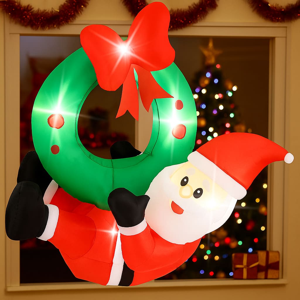 BreeBe - Christmas Inflatable 4FT Wreath with Santa, Bow, and 5 LEDs - Multicolor