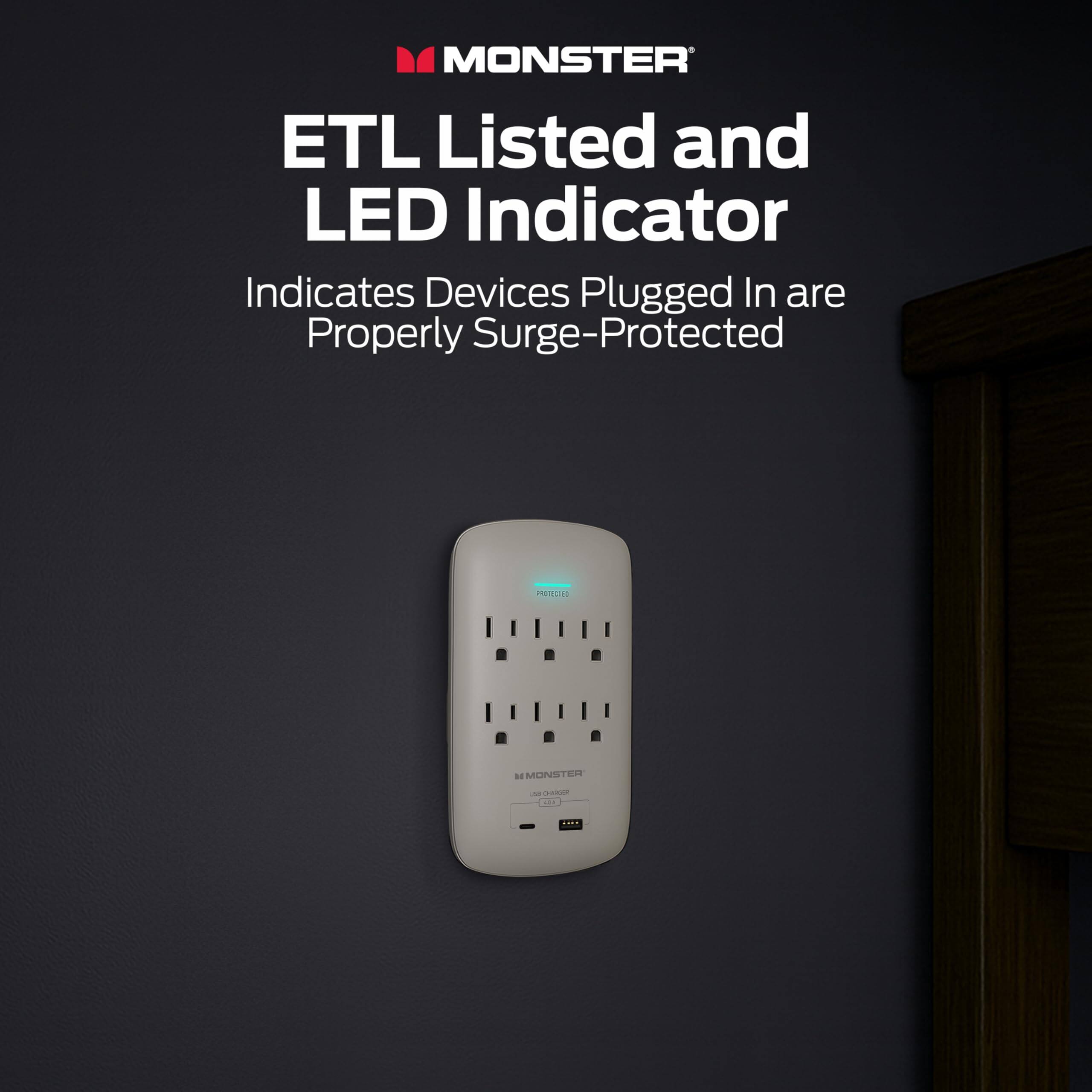 MONSTER ETL Listed and LED Indicator  
Indicates Devices Plugged In are Properly Surge-Protected