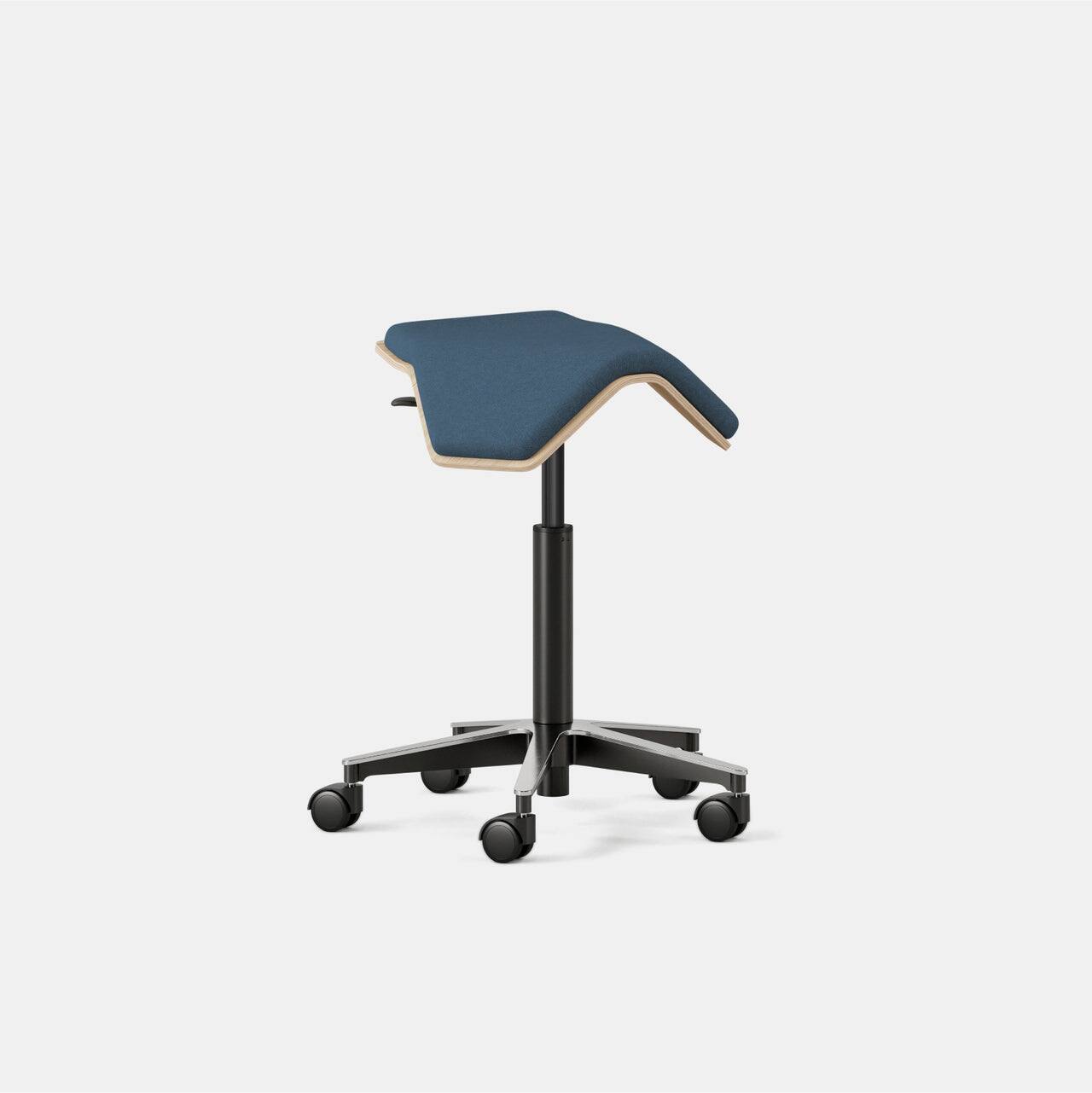 Left. Branch Furniture - Branch Saddle Chair Plus – Rolling Ergonomic Stool for Healthy Posture with Birch Frame and Recycled Seat Fabric" - Pacific / Wood.