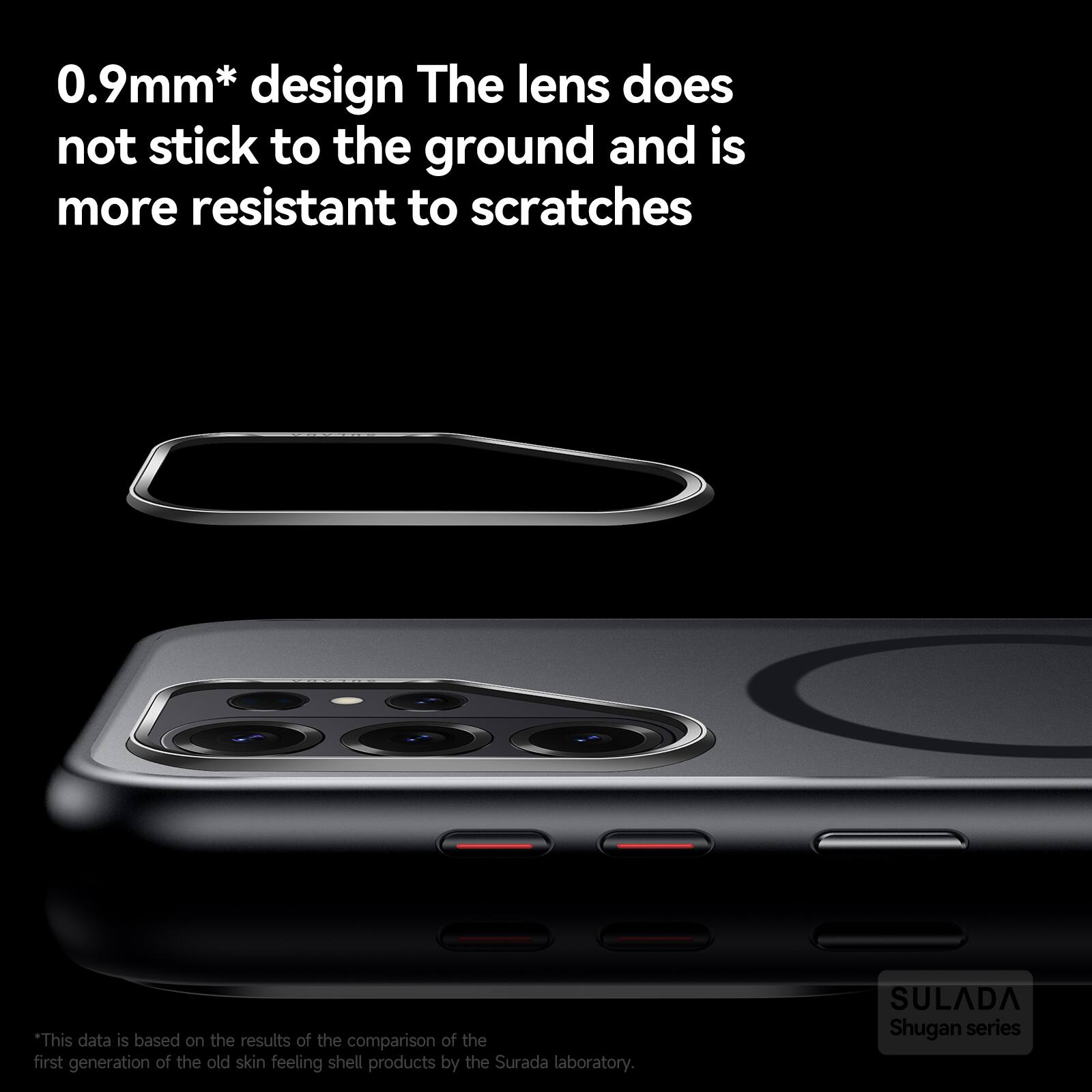 0.9mm* design  
The lens does not stick to the ground and is more resistant to scratches  

*This data is based on the results of the comparison of the first generation of the old skin feeling shell products by the Surada laboratory.  

SULADA  
Shugan series