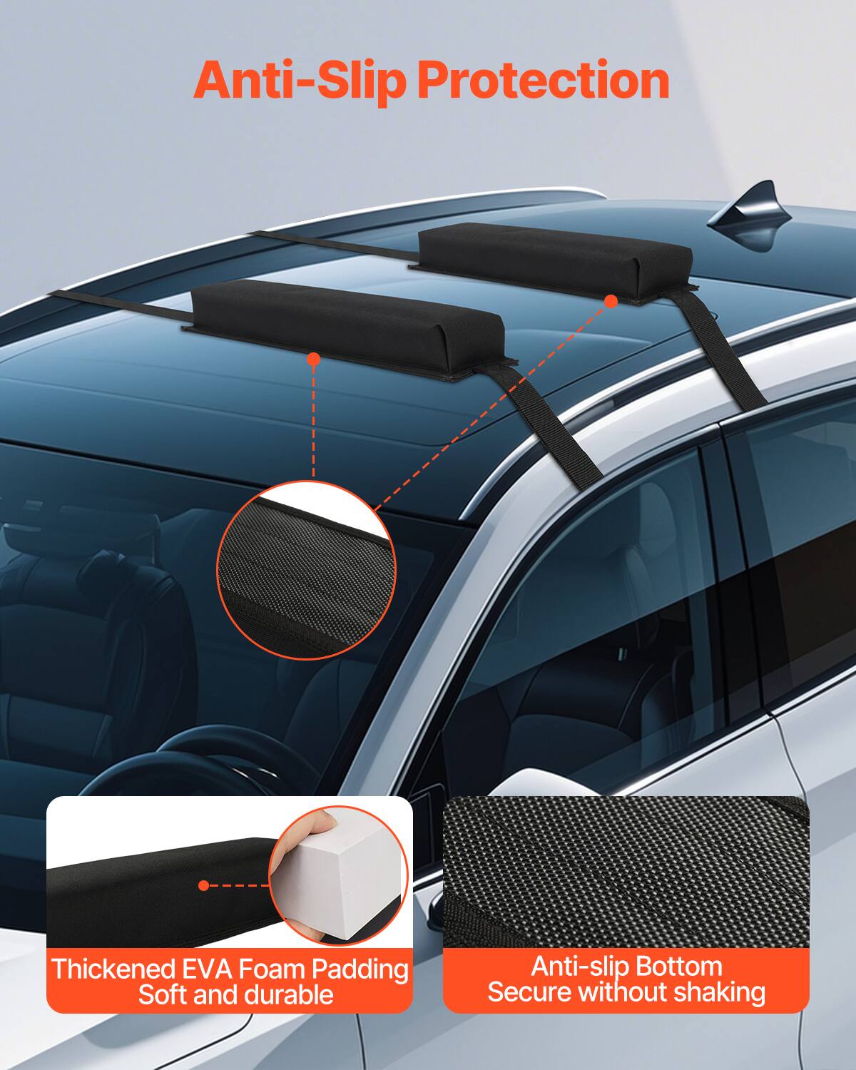 Anti-Slip Protection

Thickened EVA Foam Padding  
Soft and durable

Anti-slip Bottom  
Secure without shaking