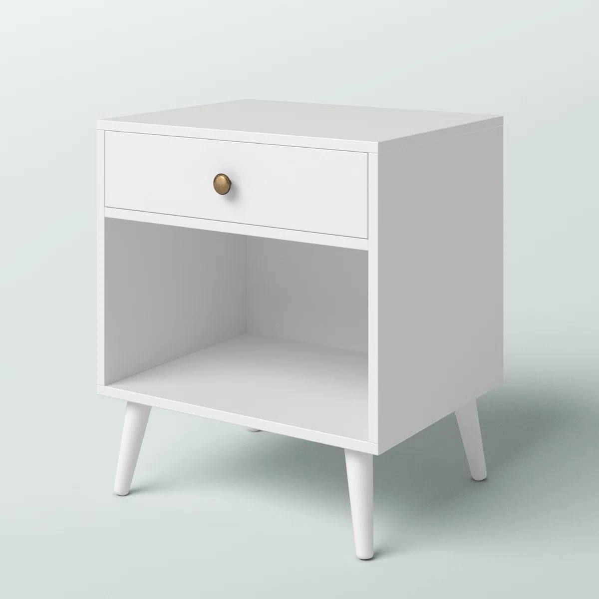 Angle. SlickBlue - Mid-Century Modern 1-Drawer Nightstand, Stylish End Table for Bedroom - White.