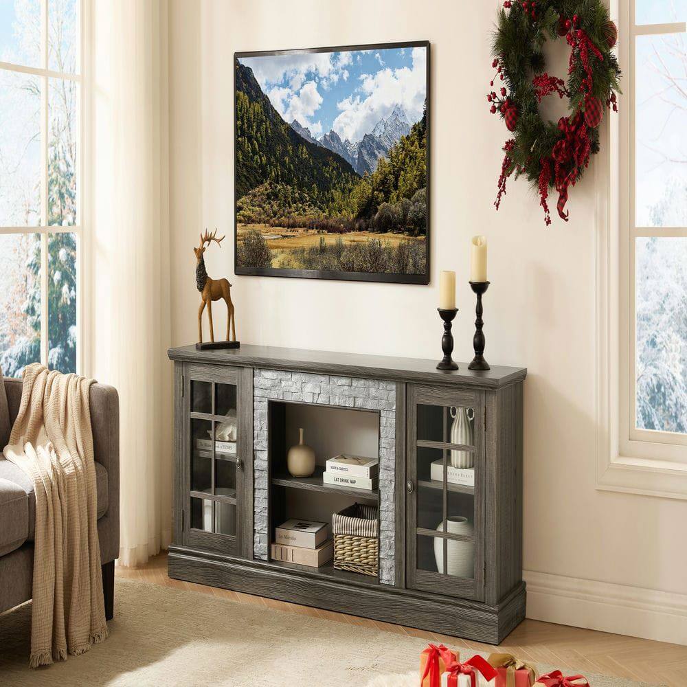 Alt View 2. Kadyn - 70-Inch Faux Stone Media Console with Dual Storage Doors - Gray - Gray.