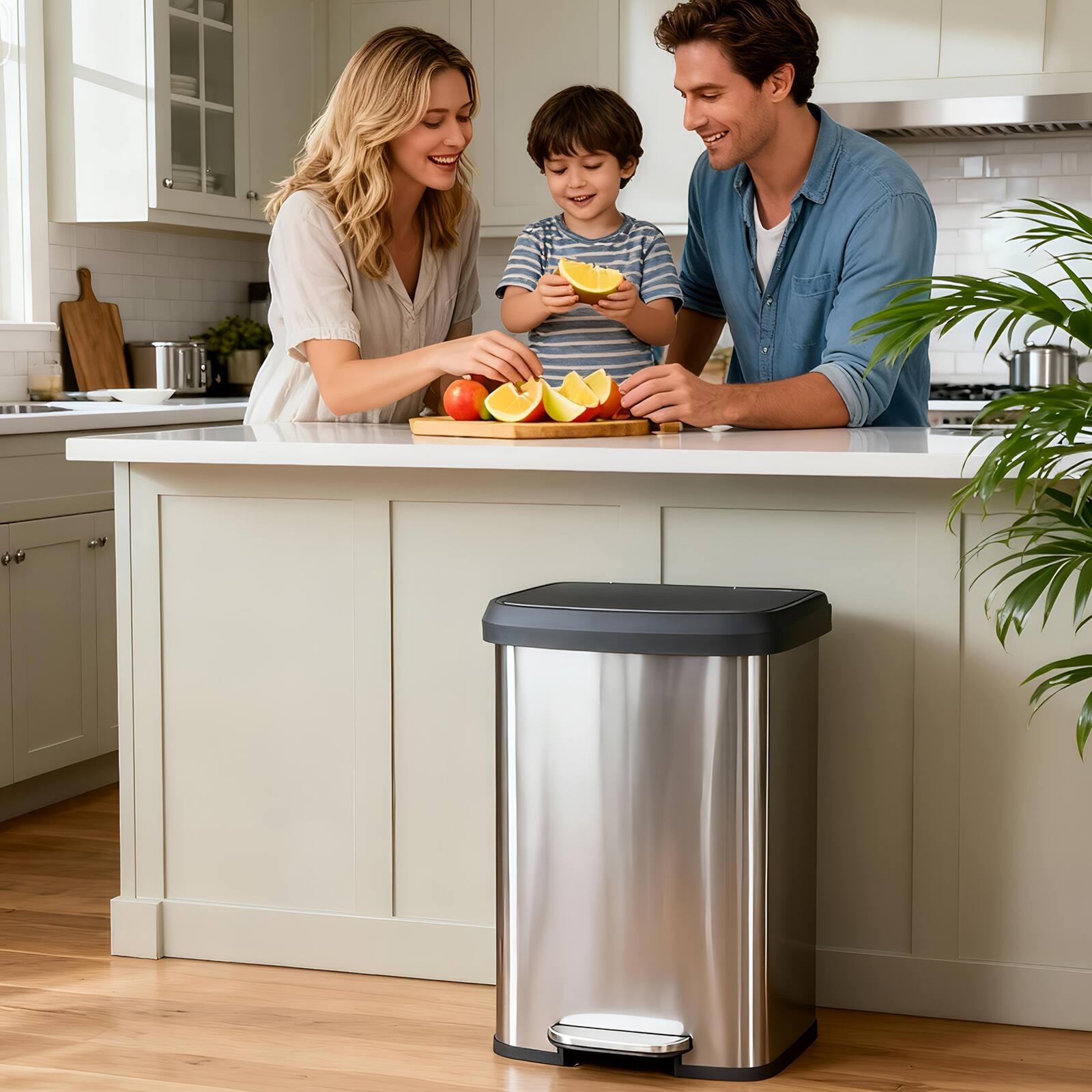 Angle. AENKYO - 21 Gallon/80 Liter Kitchen Trash Can Stainless Steel Garbage Can with Soft-Close Lid & Foot Pedal - Silver.