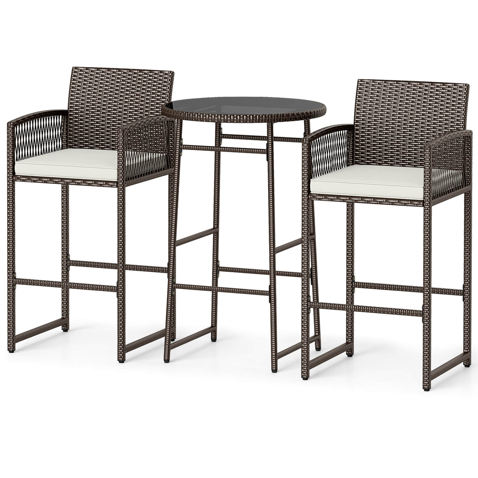 Alt View 9. Costway - Costway 3 Piece Wicker Patio Bar Set with 2 Seat Cushions Glass Tabletop for Backyard - Mix Brown + Off White.