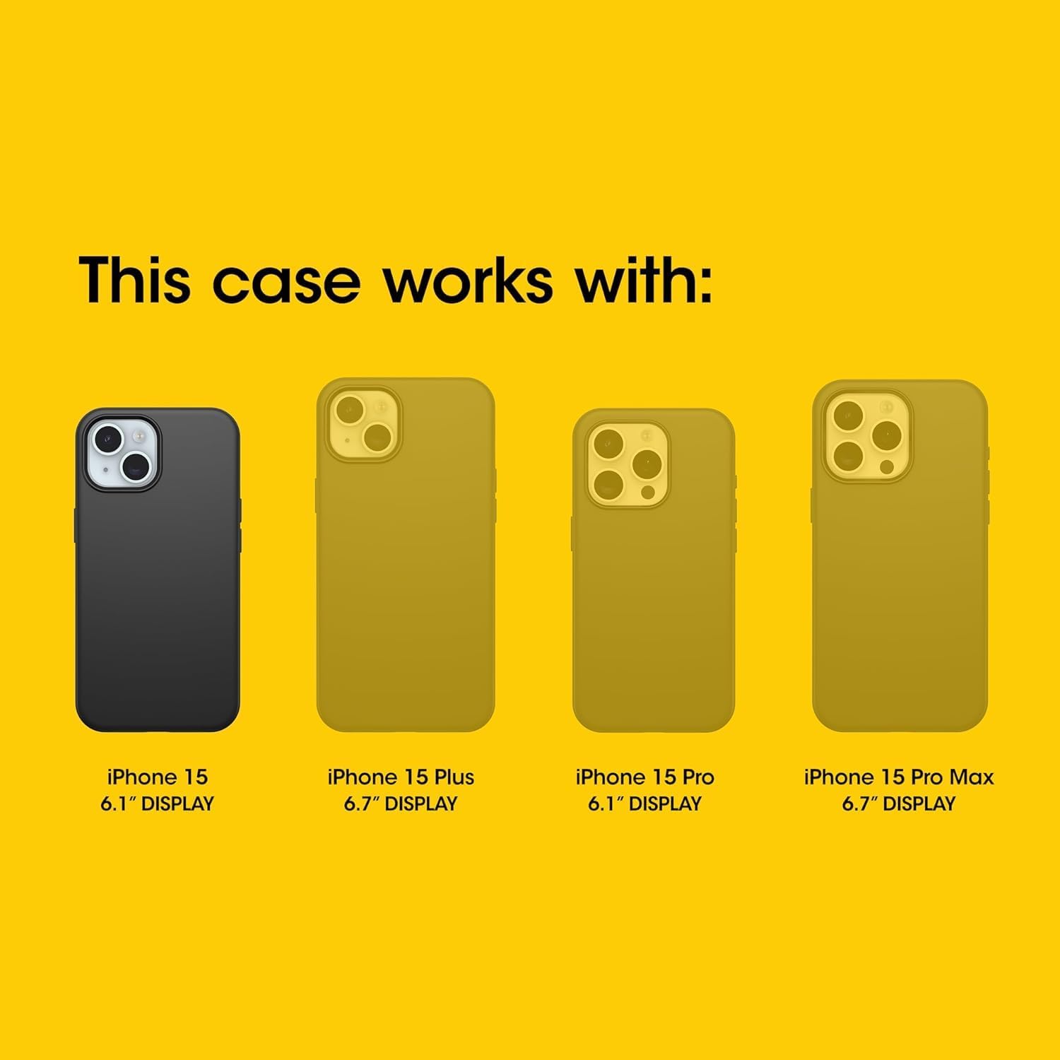 This case works with:  
iPhone 15 6.1" DISPLAY  
iPhone 15 Plus 6.7" DISPLAY  
iPhone 15 Pro 6.1" DISPLAY  
iPhone 15 Pro Max 6.7" DISPLAY