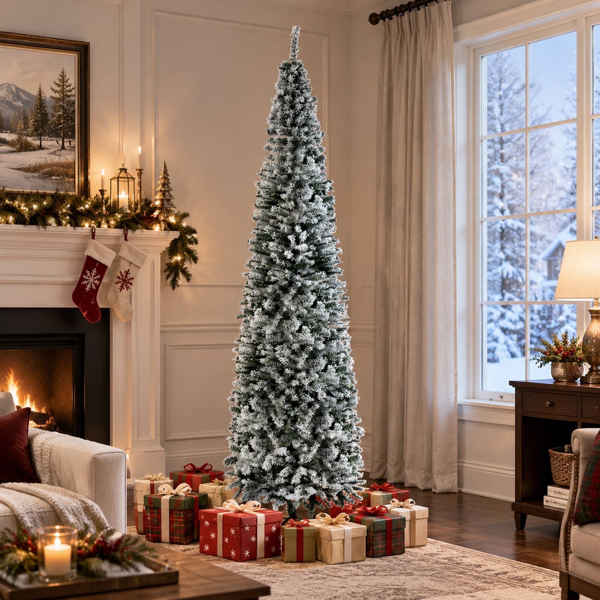 Left. RYHNUYNE - 9 Ft Unlit Snow Flocked Slim Artificial Christmas Tree With 1014 Tips, Metal Stand Narrow Holiday Home Decor - Green.