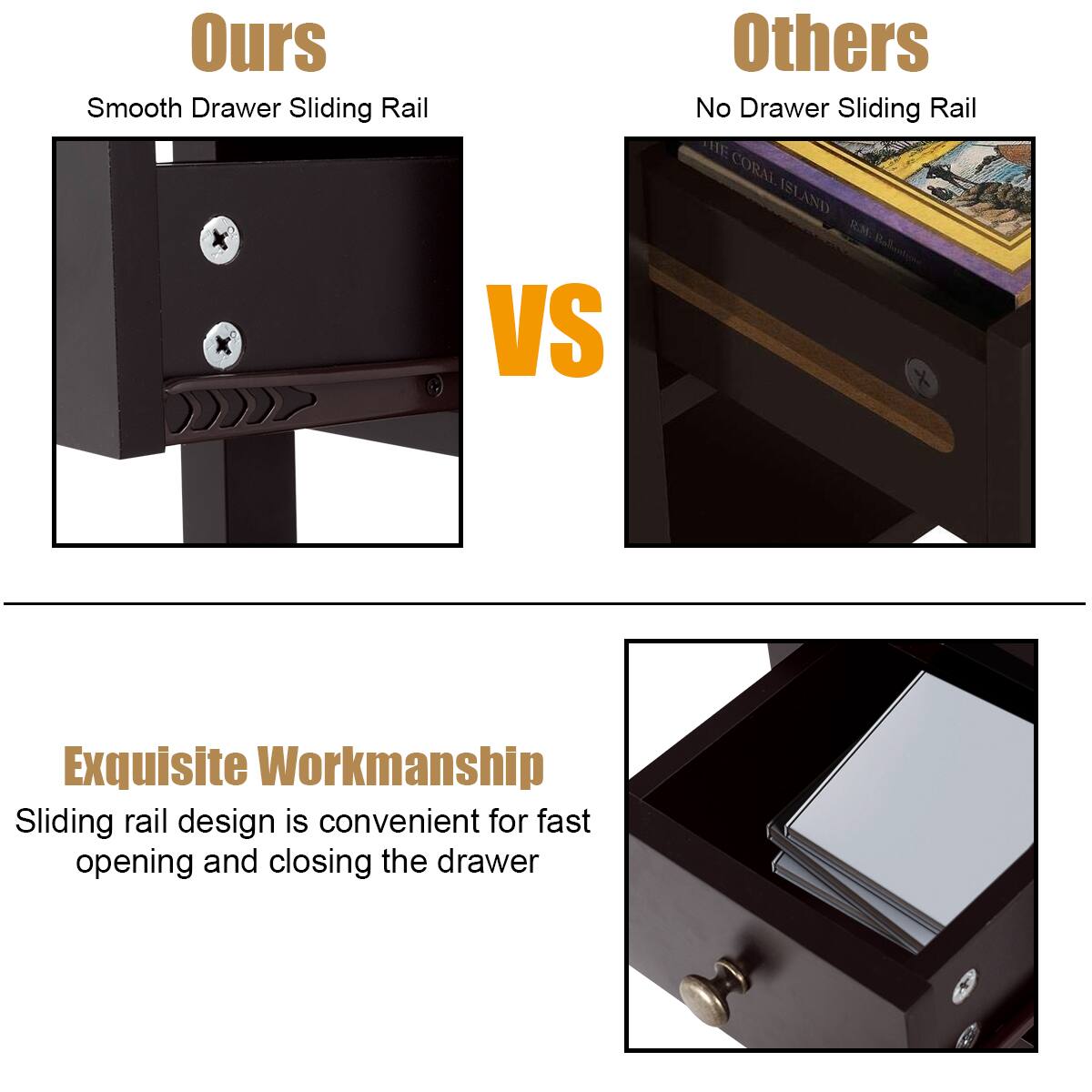 **Ours**  
Smooth Drawer Sliding Rail

**Others**  
No Drawer Sliding Rail

**VS**

**Exquisite Workmanship**  
Sliding rail design is convenient for fast opening and closing the drawer