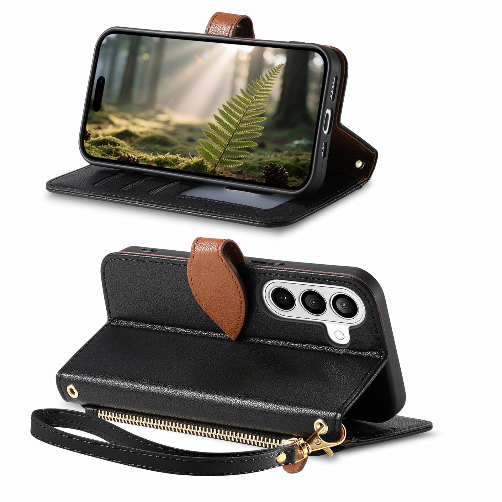 Back. Dteck - for Samsung Galaxy S26+ Wallet Case,PU Leather Flip Zipper Card Slot Leaf-Buckle Shockproof Cover with Wrist Strap - Black.