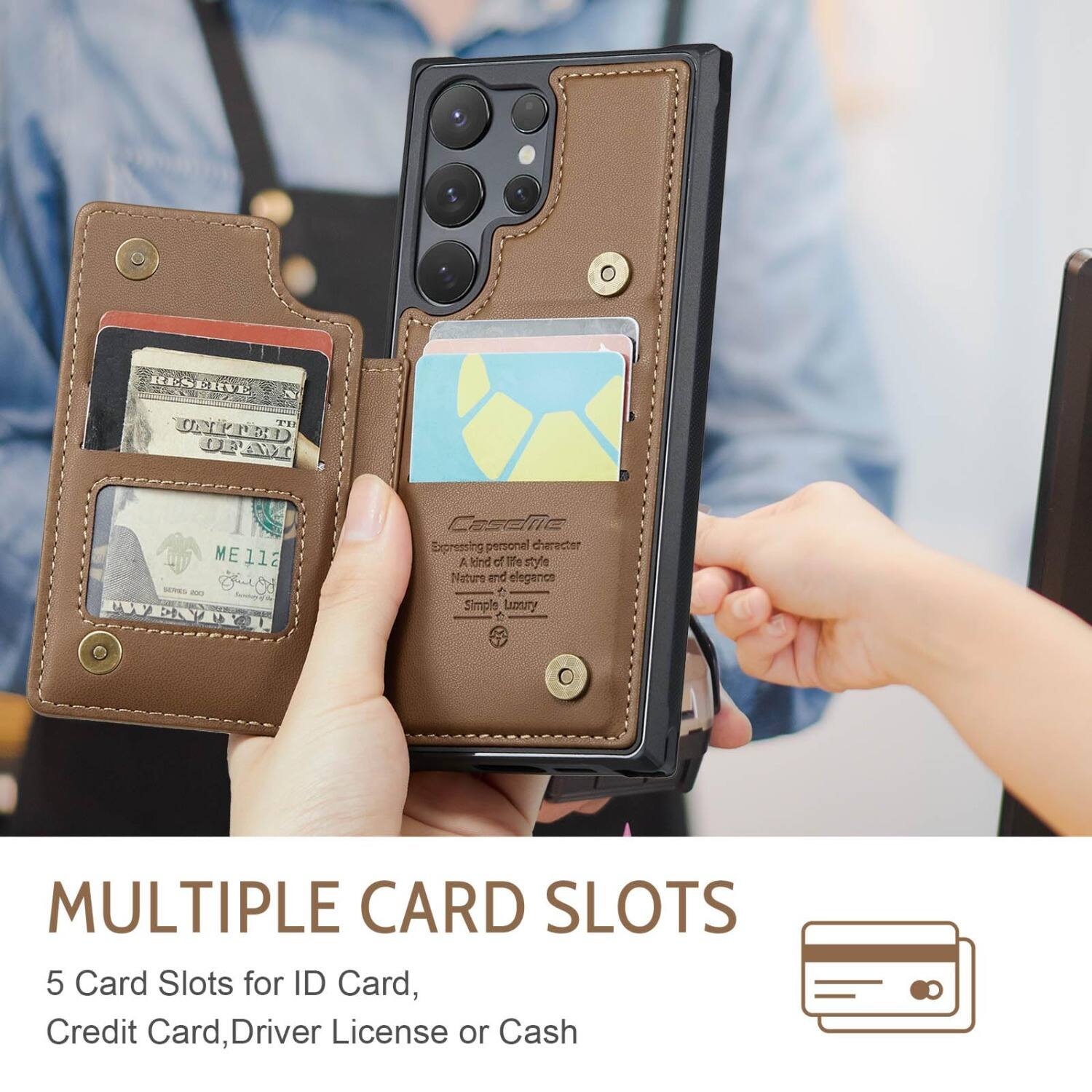 RESERVE. N TH UNITED OF AMERICA
ME112 SCRES 200   LIVEAVOR
CaseMe Expressing personal character A kind of Westyle Nature and elegance Simple Luxury
MULTIPLE CARD SLOTS 5 Card Slots for ID Card, Credit Card, Driver License or Cash