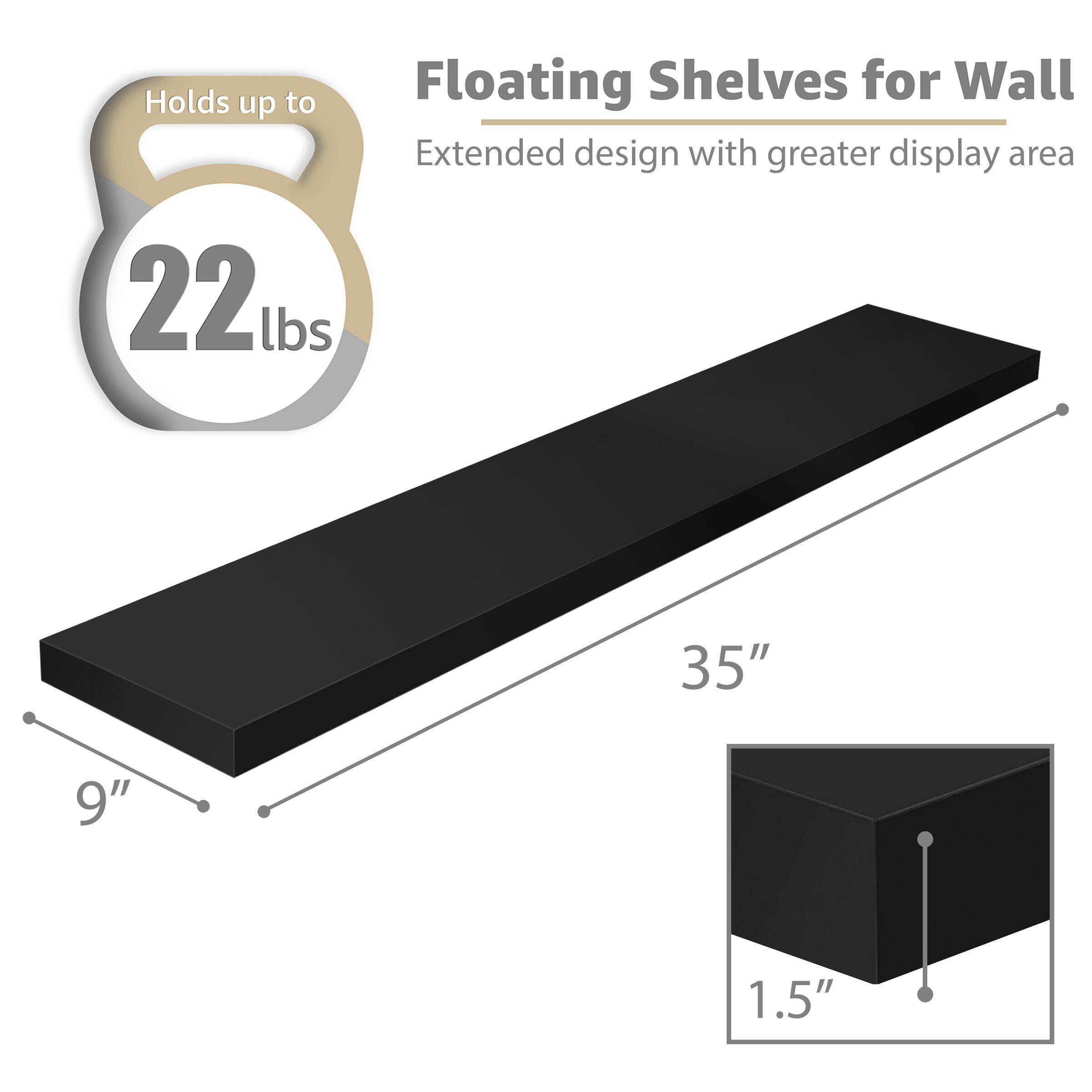 Floating Shelves for Wall, Holds up to 22lbs, Extended design with greater display area, 35", 9", 1.5"