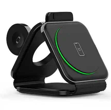 Front. RISOKEYS - Power Adapter - Magnetic 3-in-1 Wireless Charging Stand for Apple Devices - Foldable Design, Fast QC3.0 Charging - Black.