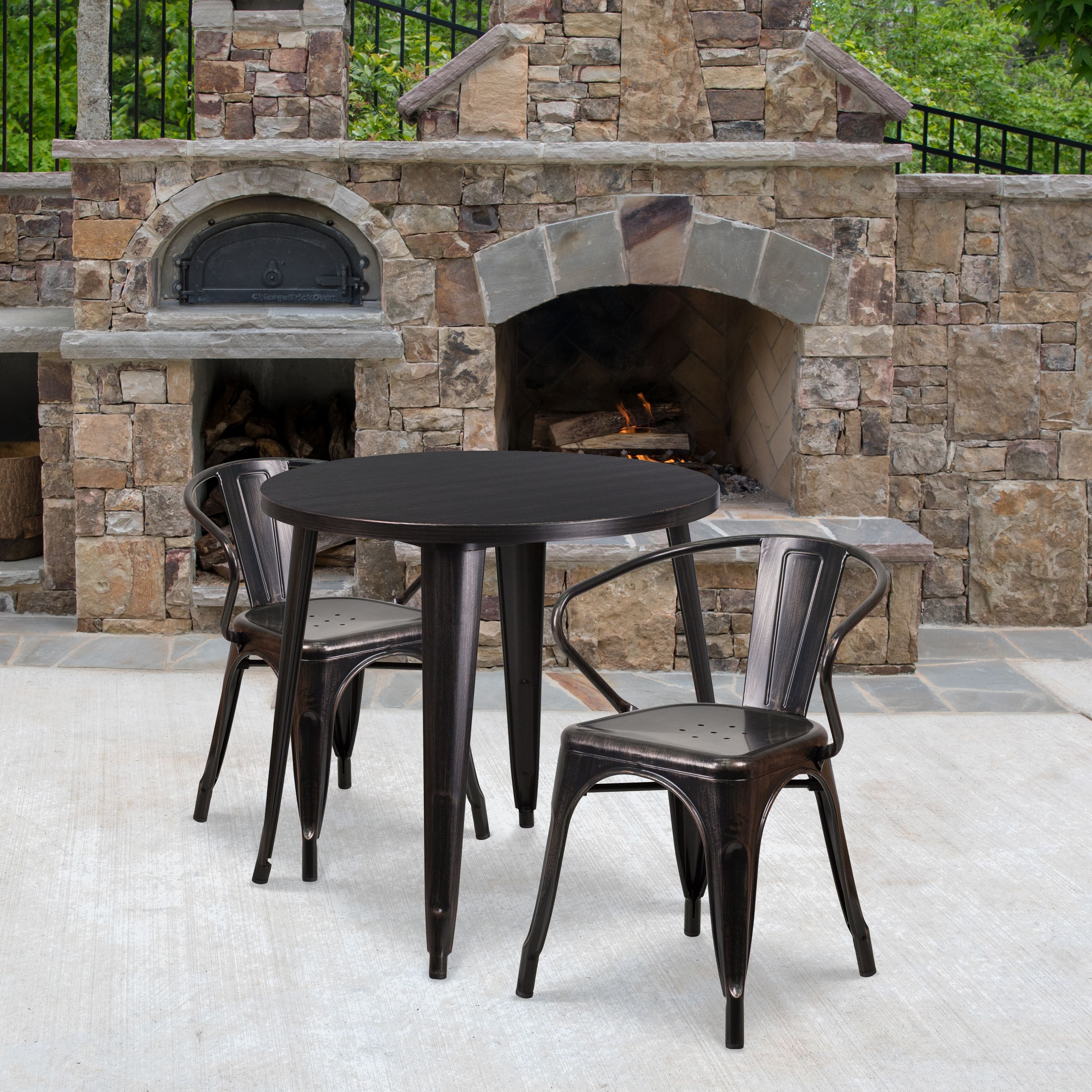 "Emma + Oliver - Commercial Grade 30"" Round Metal Indoor-Outdoor Table Set with 2 Arm Chairs - Black-Antique Gold" price history on PriceWatchPro
