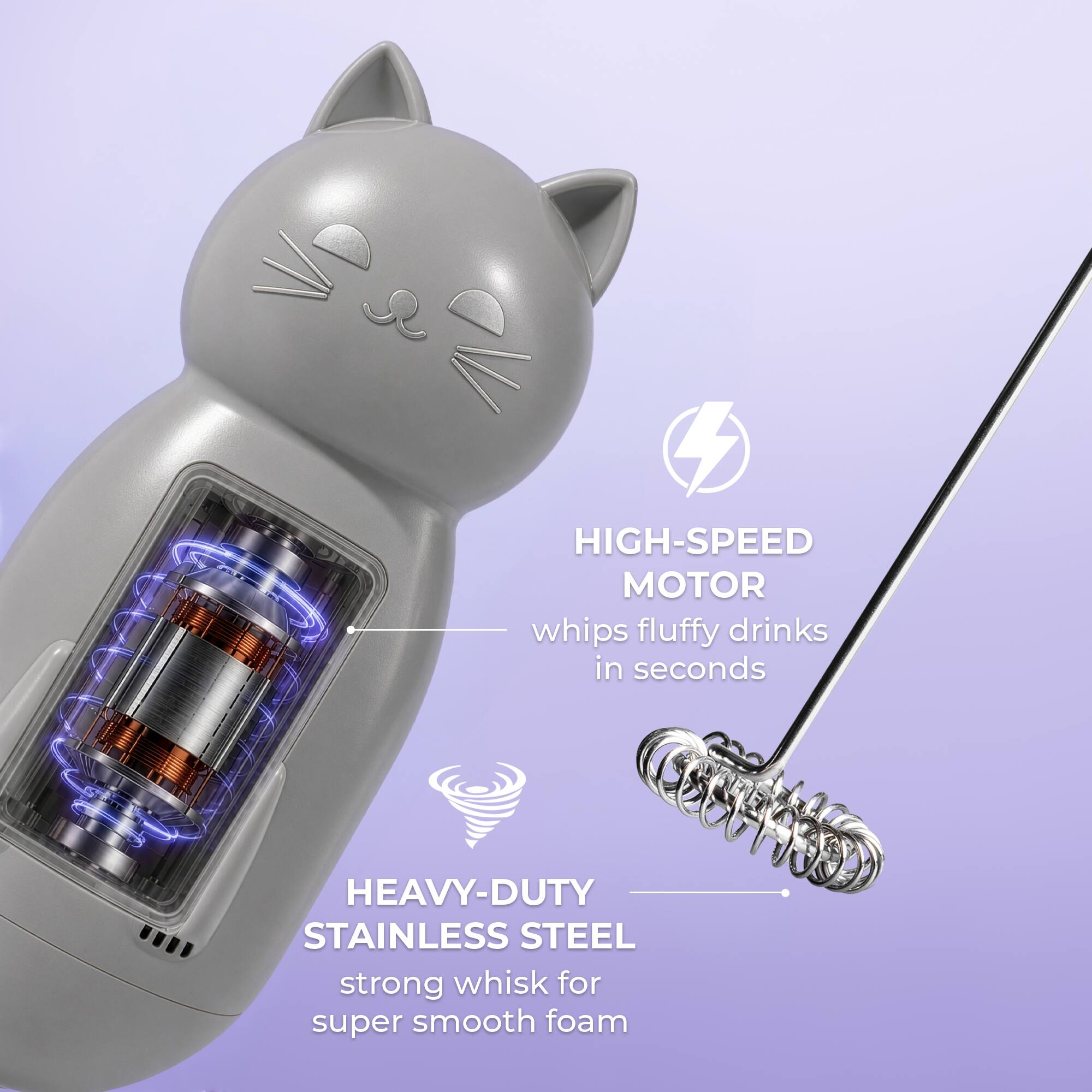 HIGH-SPEED MOTOR whips fluffy drinks in seconds  
HEAVY-DUTY STAINLESS STEEL strong whisk for super smooth foam
