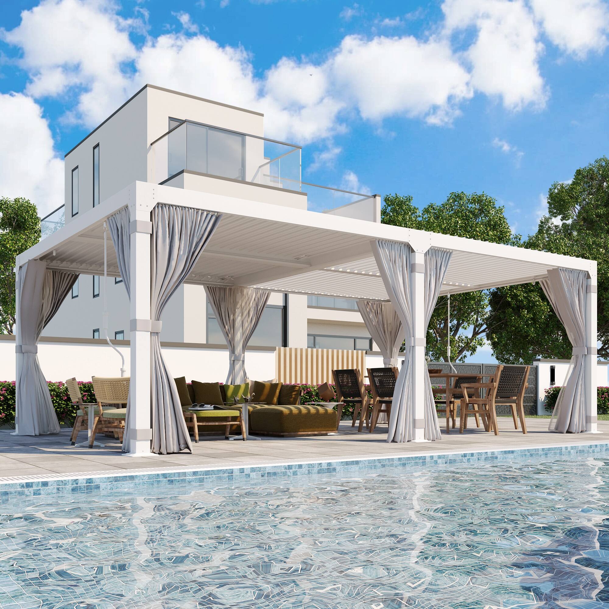 Left. U-HOMY - 12x20 Outdoor Pergola, Louvered Pergola with Adjustable Aluminum Rainproof Roof for Patio, Backyard, Pool party - White.