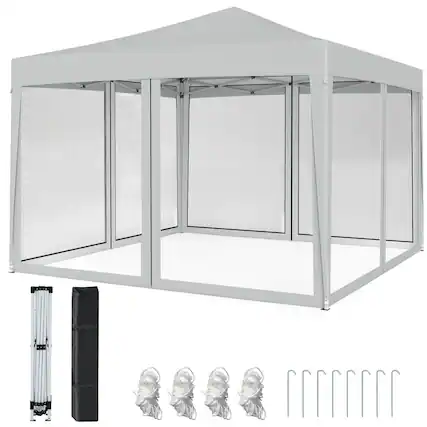 Front. Costway - Costway 10 FT x 10 FT Pop-Up Canopy Tent with Mesh Netting, Carry Bag, 8 Stakes & 4 Ropes - Beige.