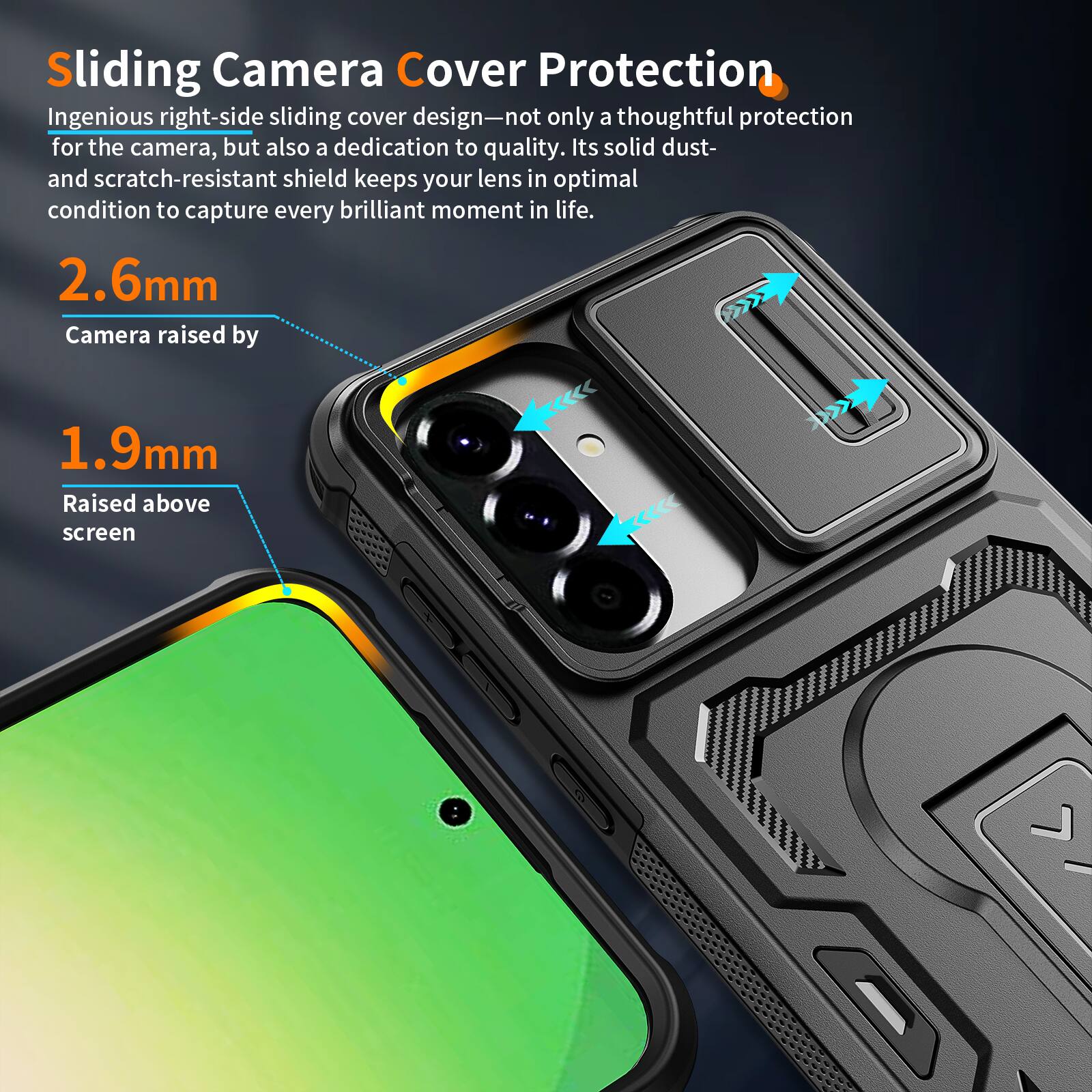 Sliding Camera Cover Protection

Ingenious right-side sliding cover design—not only a thoughtful protection for the camera, but also a dedication to quality. Its solid dust- and scratch-resistant shield keeps your lens in optimal condition to capture every brilliant moment in life.

2.6mm Camera raised by 1.9mm

Raised above screen