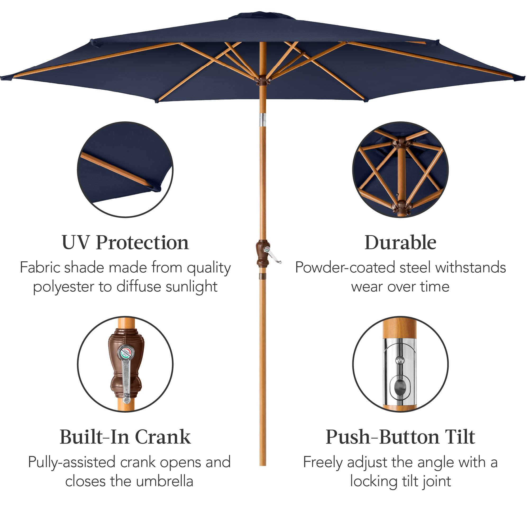 UV Protection: Fabric shade made from quality polyester to diffuse sunlight.

Durable: Powder-coated steel withstands wear over time.

Built-In Crank: Pulley-assisted crank opens and closes the umbrella.

Push-Button Tilt: Freely adjust the angle with a locking tilt joint.