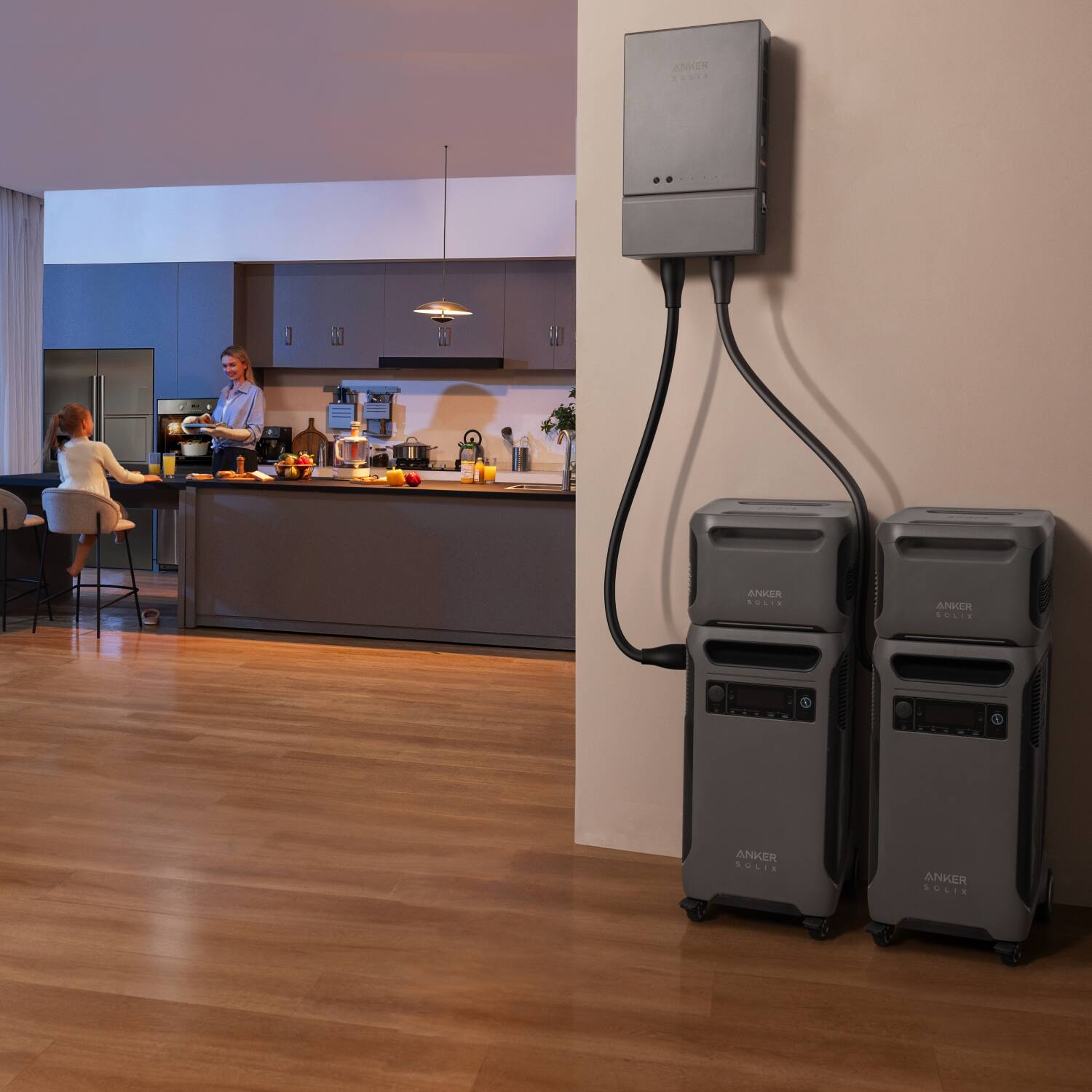 The image shows a kitchen with a man standing at the counter. There are two trash cans in the kitchen, one of which is a large Anker Solix trash can. The kitchen also features a sink, a refrigerator, and a dining table. There are two chairs in the room, one near the dining table and another near the kitchen counter. Additionally, there are two potted plants in the kitchen, one placed near the sink and the other near the refrigerator.