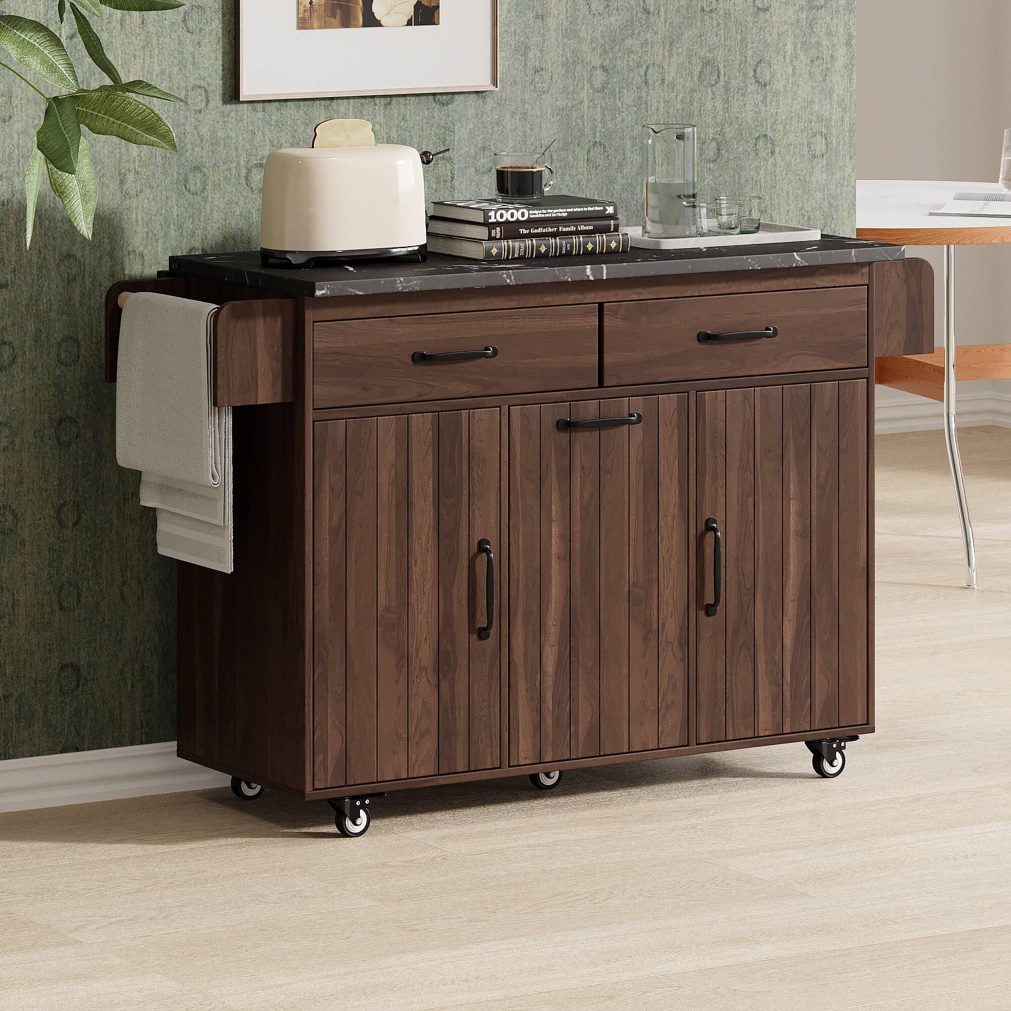 Whisen - Kitchen Island with Trash Can, Storage Cabinet, and Drop Leaf for Kitchen and Dining Room - Walnut Brown